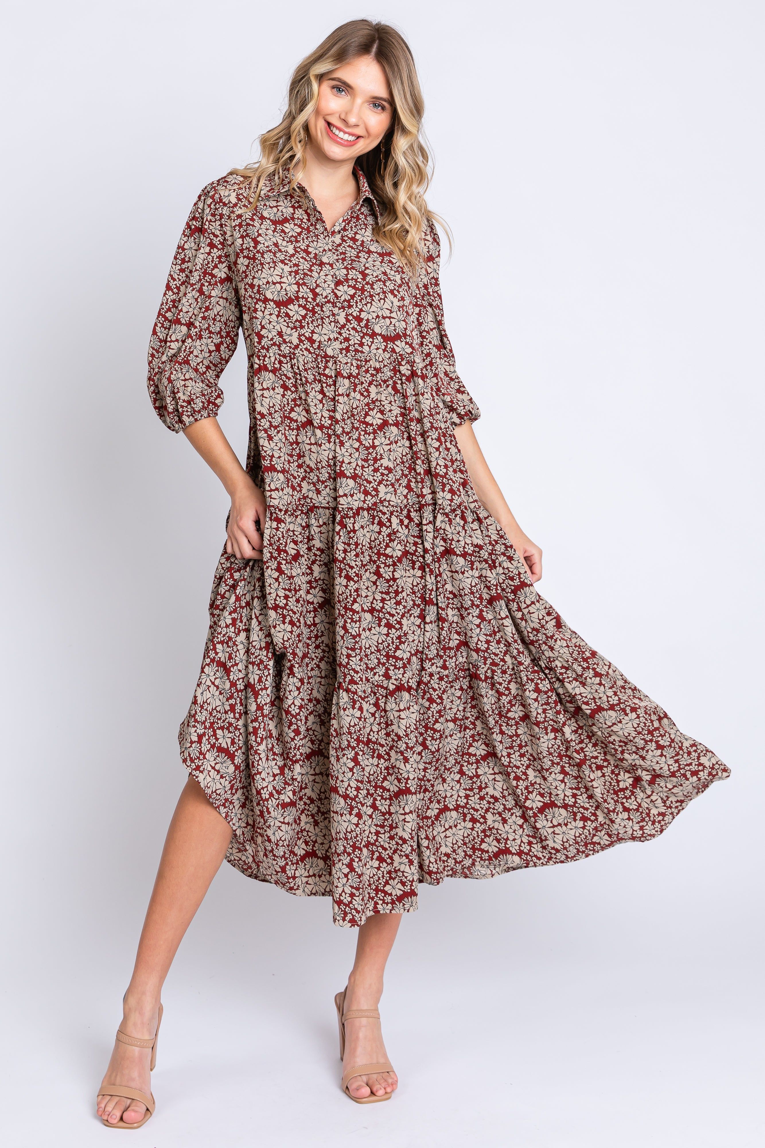 Burgundy Floral Collared Tiered Maxi Dress sold by Pinkblush product image thumbnail 4