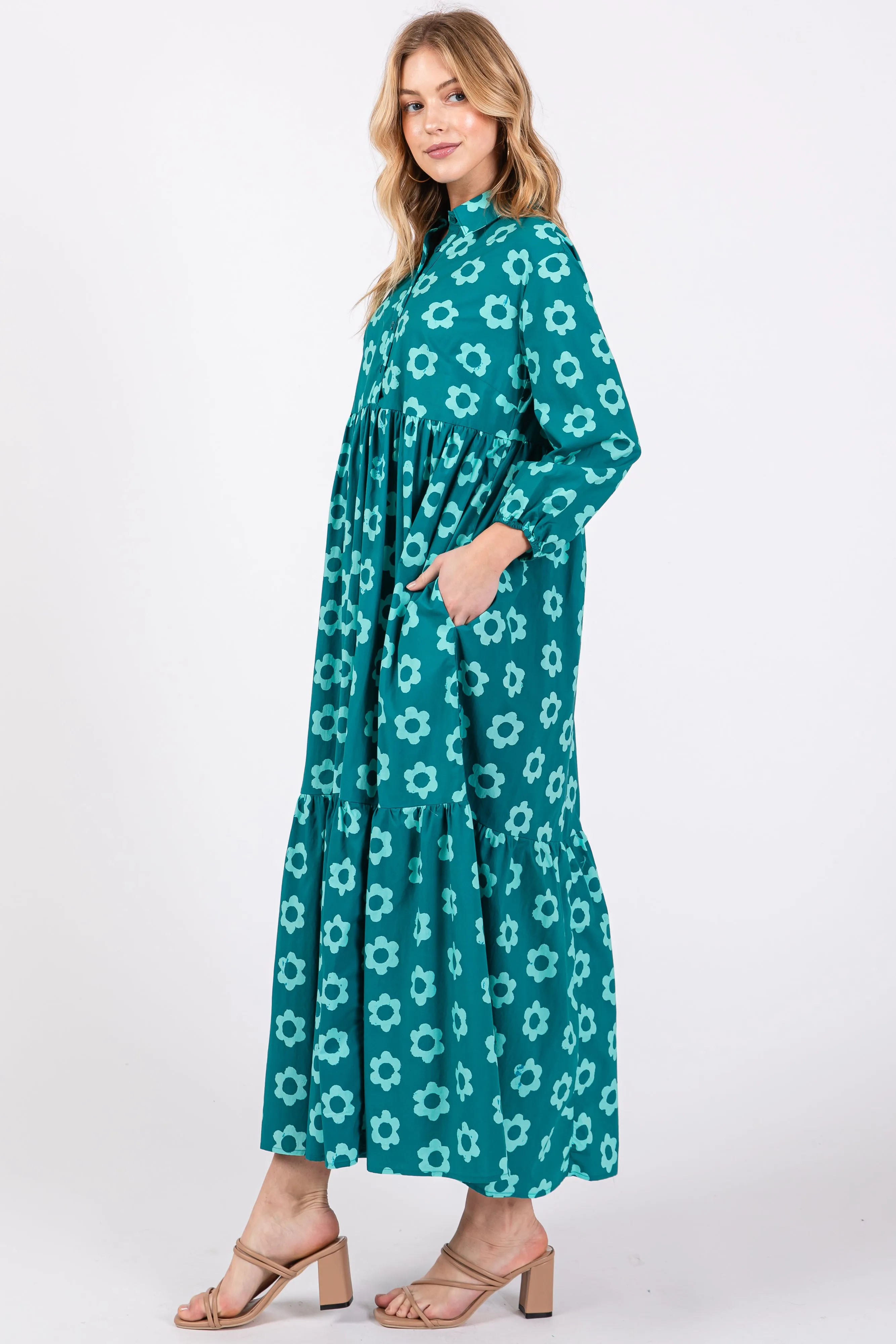 Emerald Floral 3/4 Sleeve Collared Maxi Dress sold by Pinkblush product image thumbnail 2