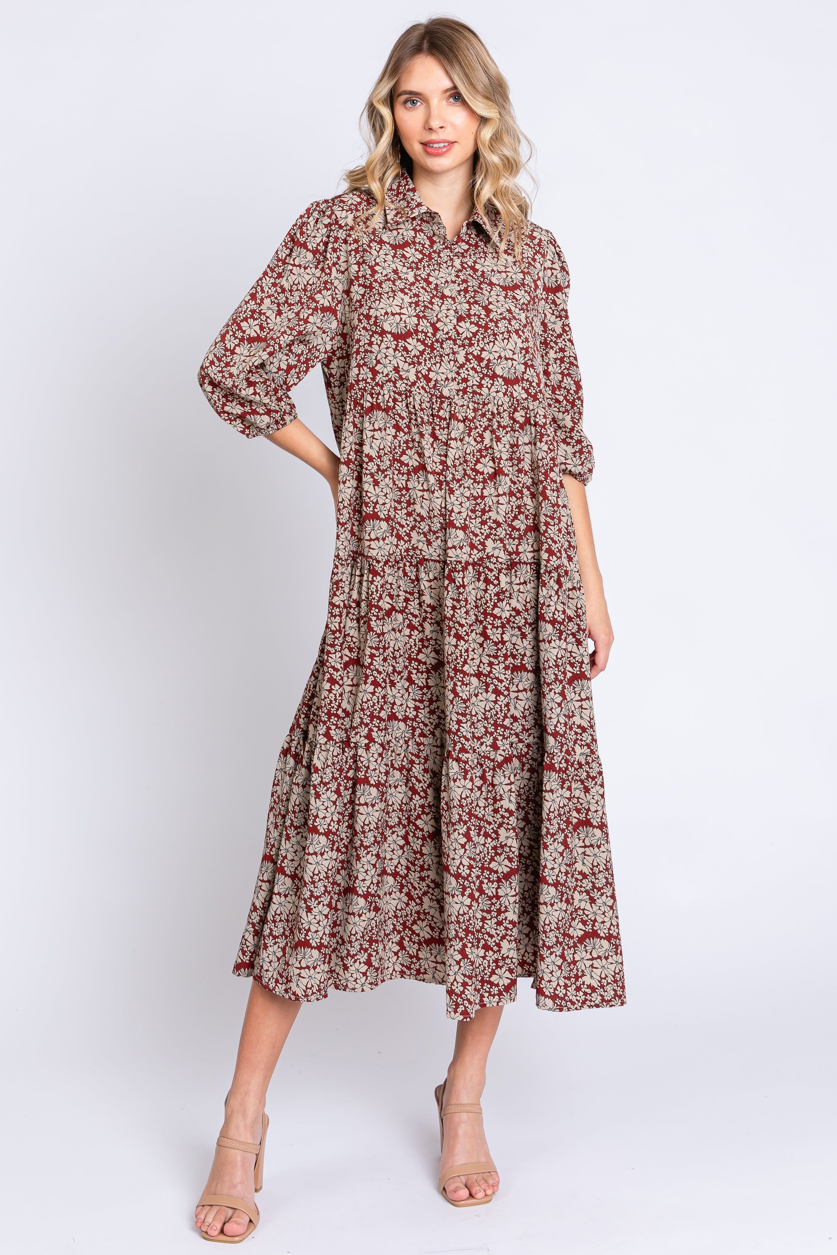 Burgundy Floral Collared Tiered Maxi Dress sold by Pinkblush