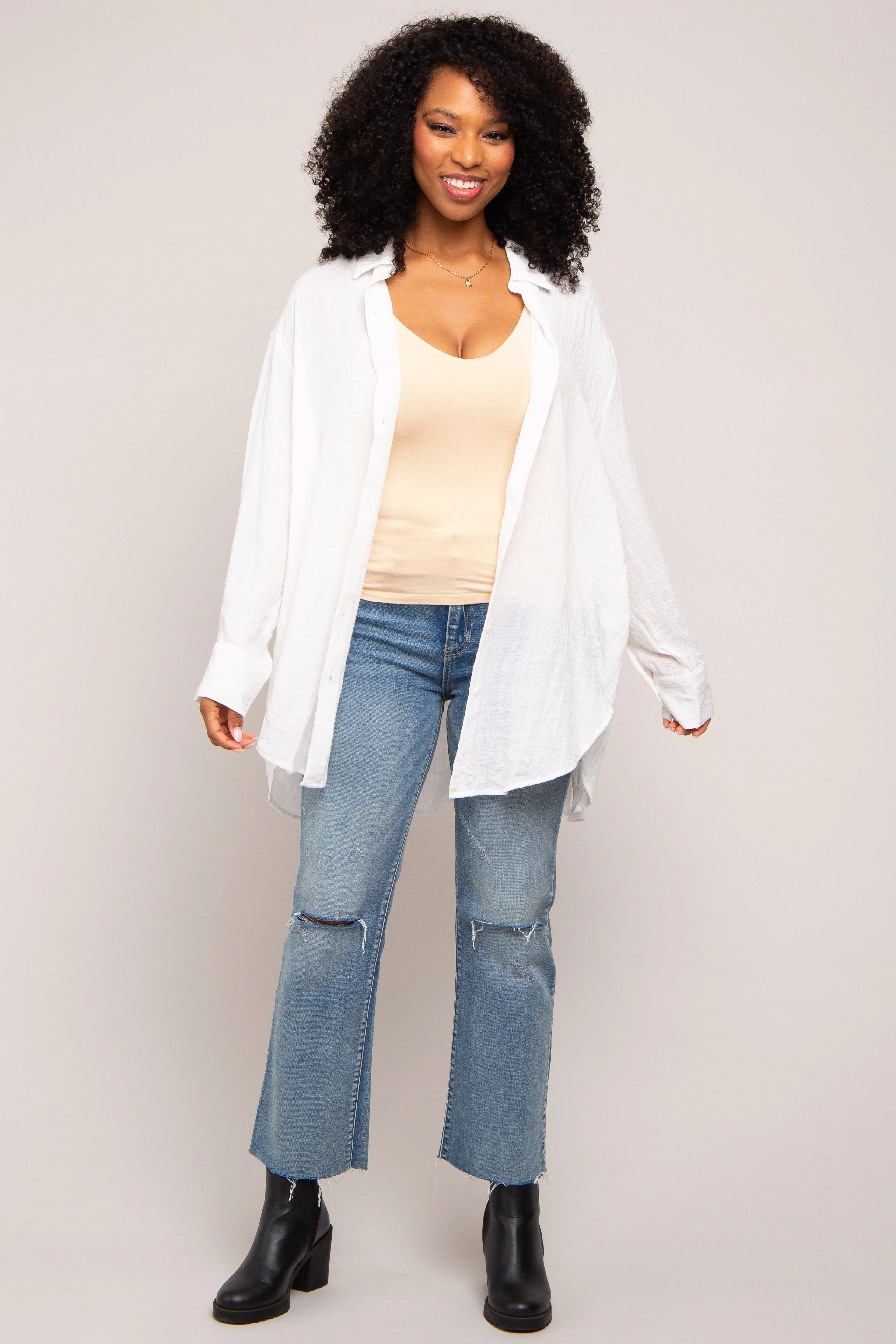 Ivory Lightweight Sheer Button Down Blouse sold by Pinkblush