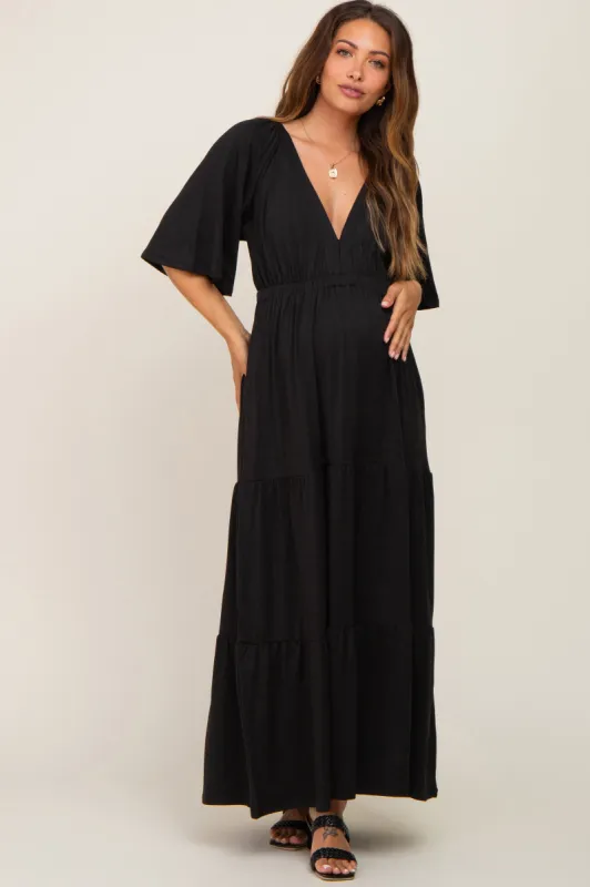Black Deep V-Neck Tiered Maternity Maxi Dress sold by Pinkblush