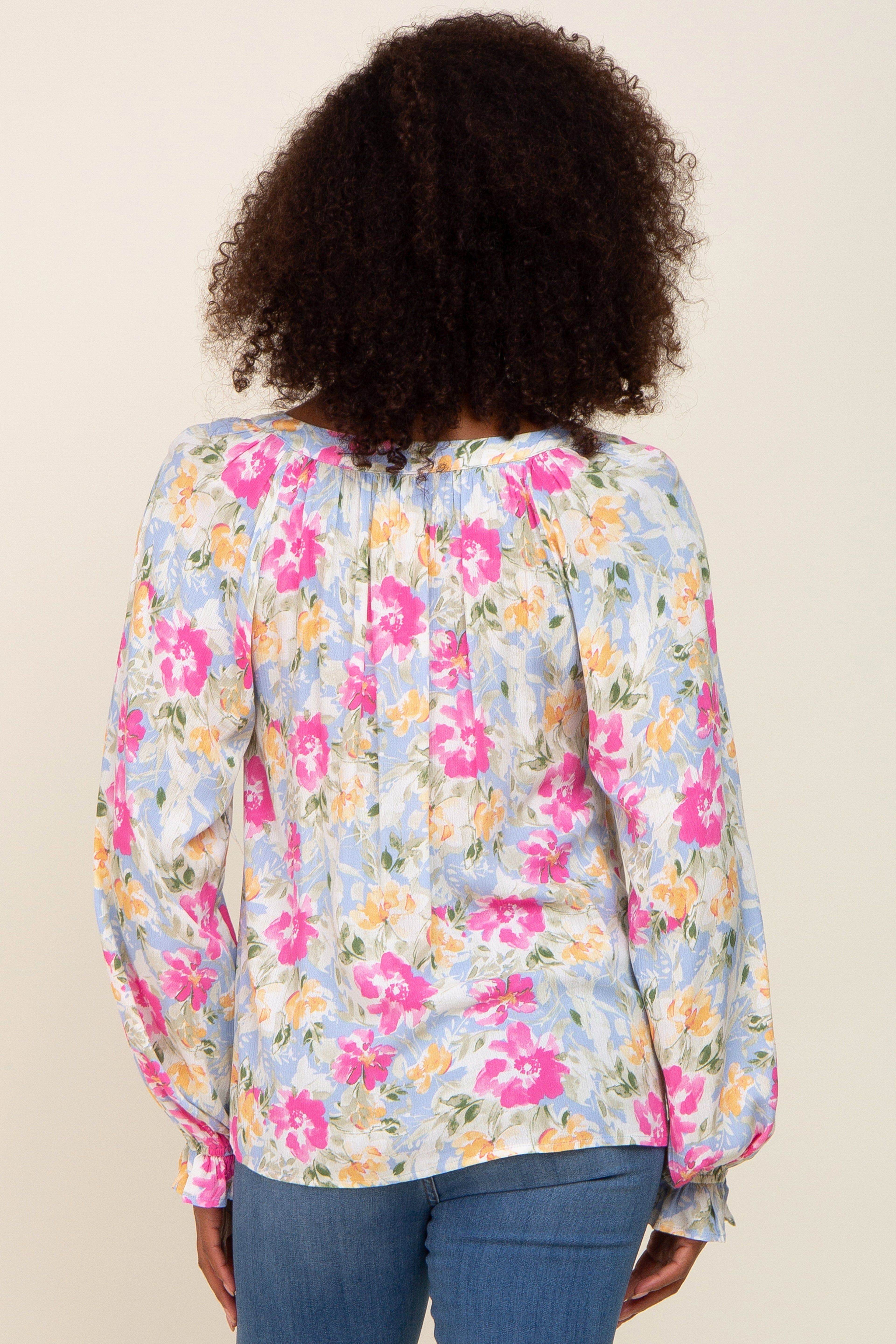 Blue Floral Button Front Long Sleeve Blouse sold by Pinkblush product image thumbnail 3