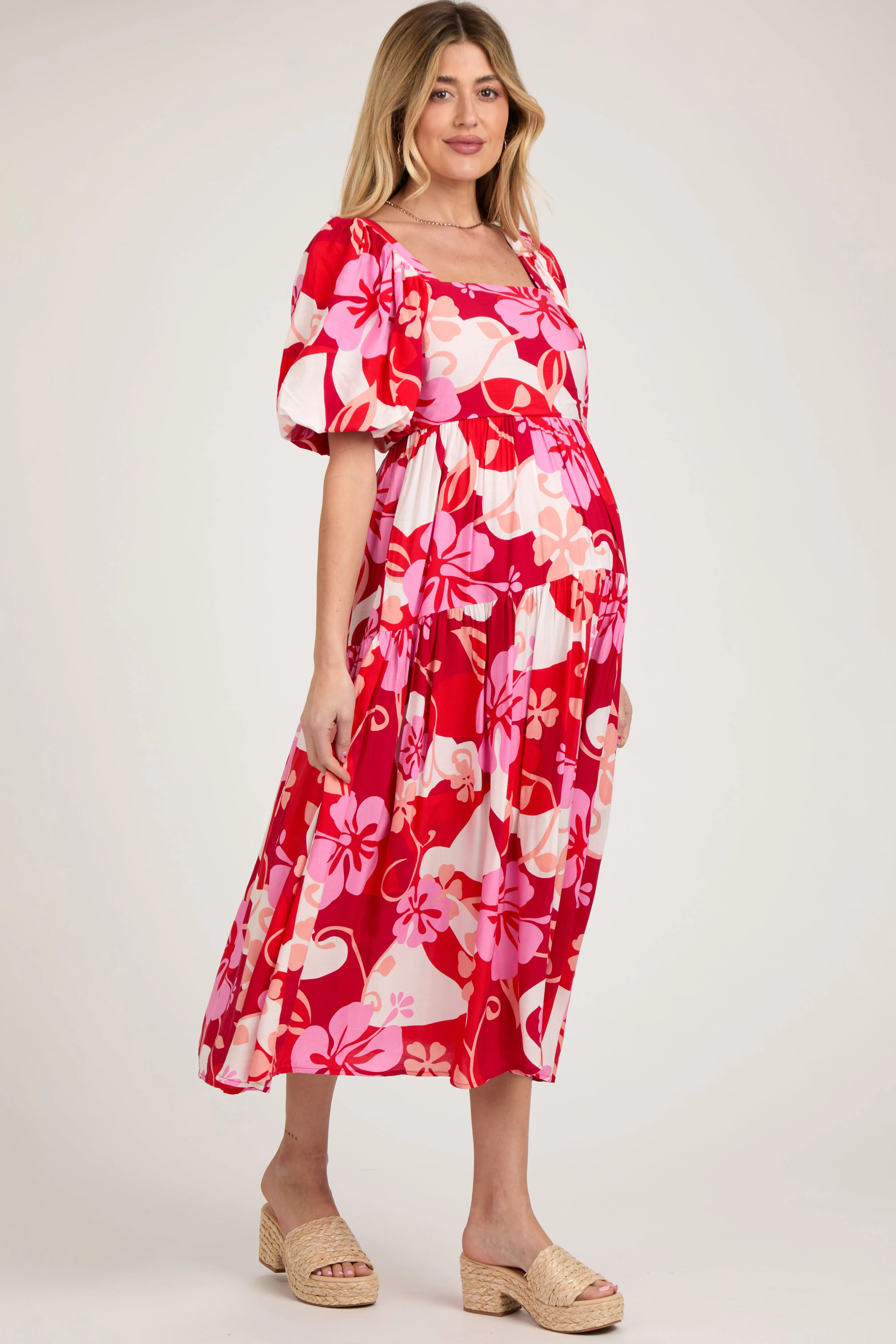 Red Floral Tiered Puff Sleeve Maternity Midi Dress sold by Pinkblush product image thumbnail 2