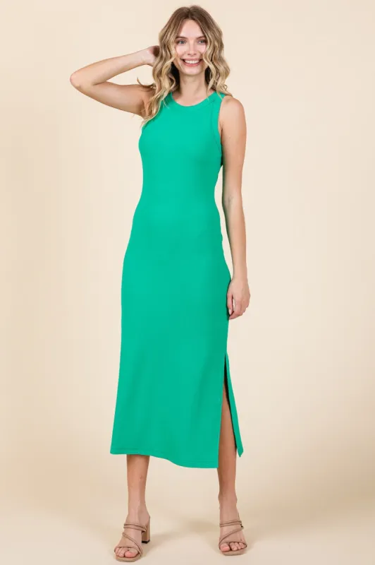 Green Ribbed Side Slit Tank Dress sold by Pinkblush