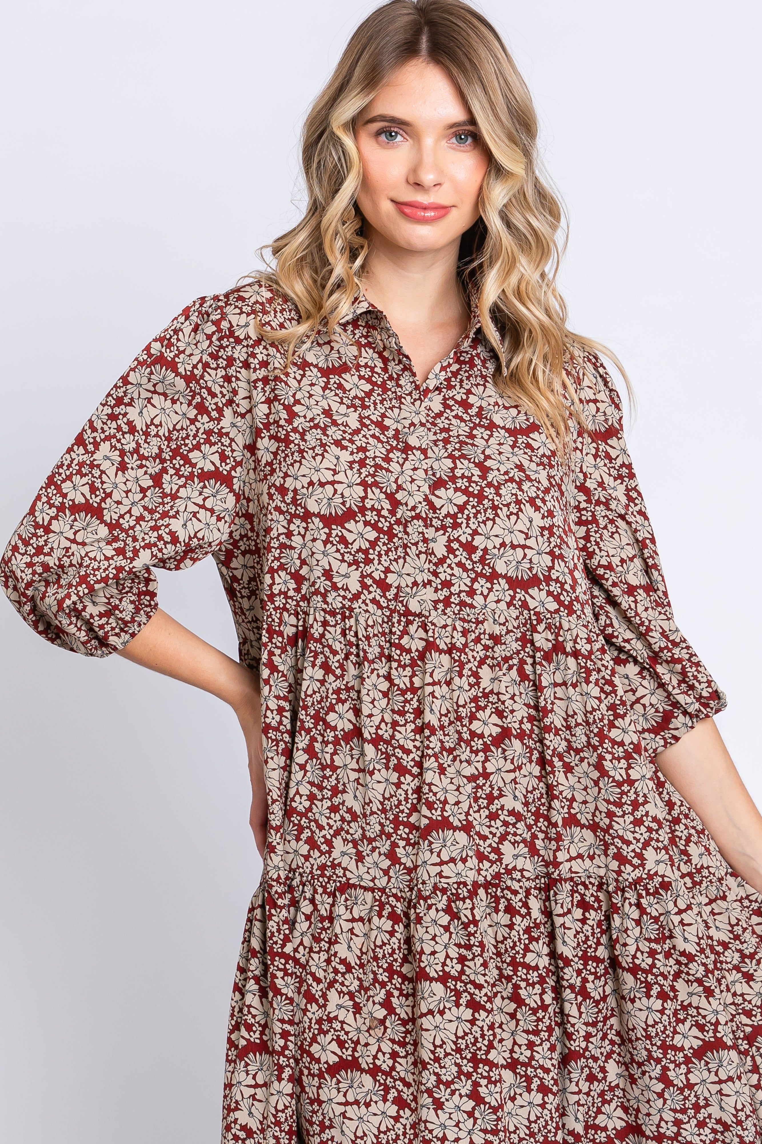 Burgundy Floral Collared Tiered Maxi Dress sold by Pinkblush product image thumbnail 5