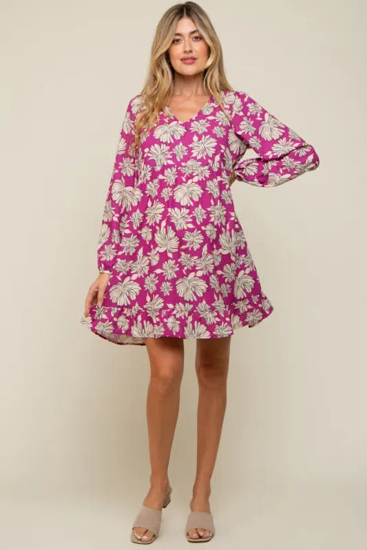 Magenta Floral V-Neck Long Sleeve Maternity Dress sold by Pinkblush