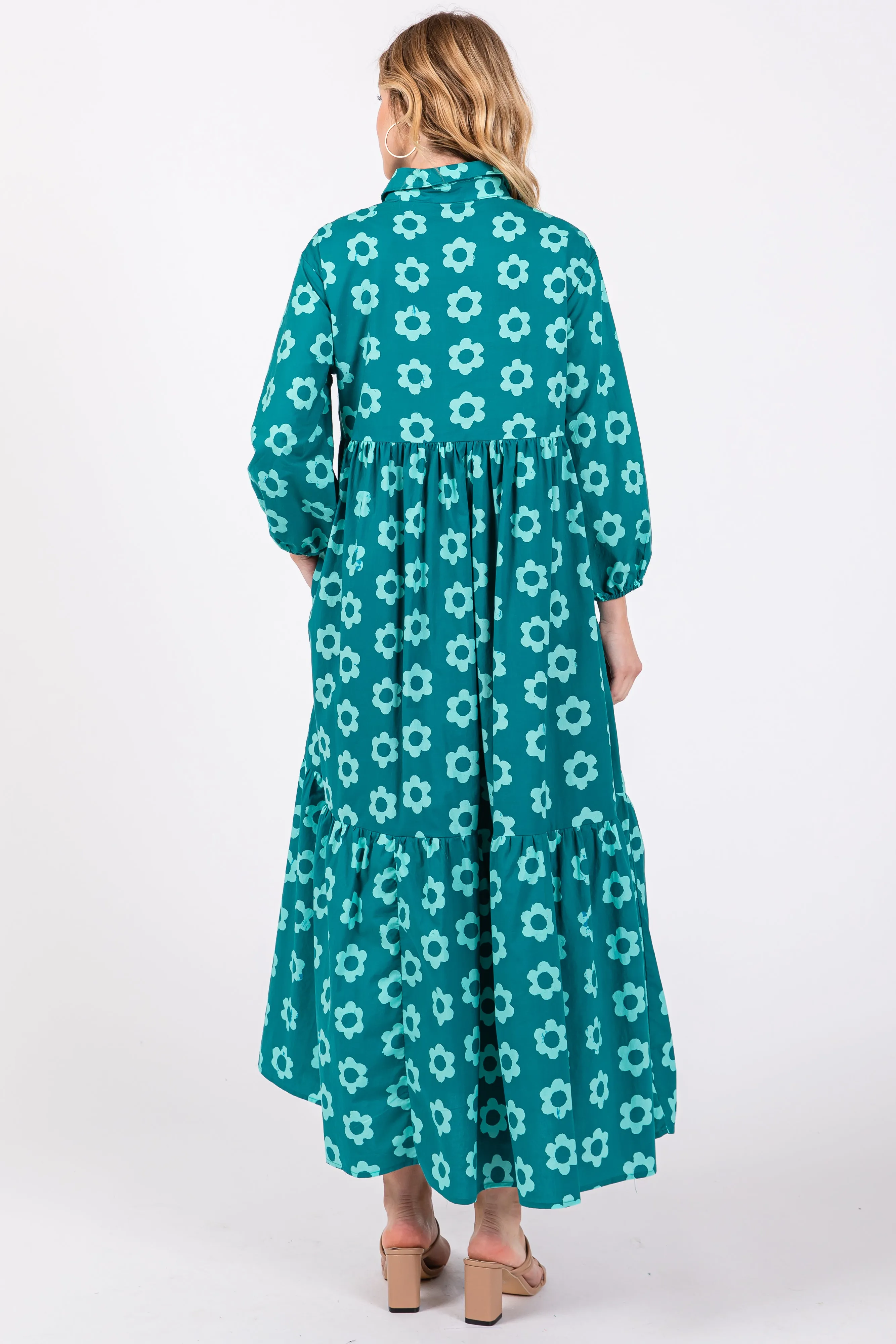 Emerald Floral 3/4 Sleeve Collared Maxi Dress sold by Pinkblush product image thumbnail 3