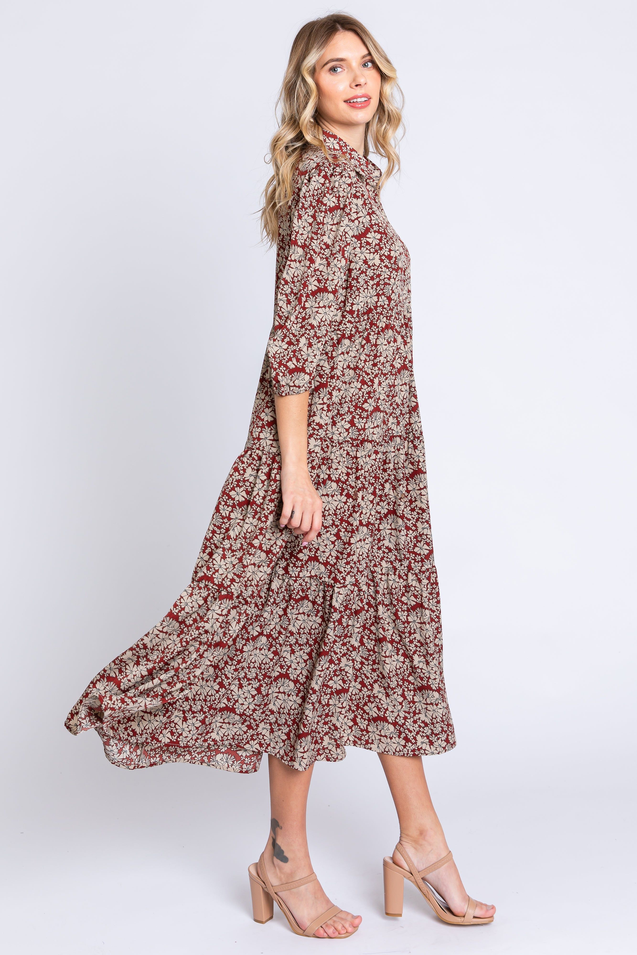 Burgundy Floral Collared Tiered Maxi Dress sold by Pinkblush product image thumbnail 2