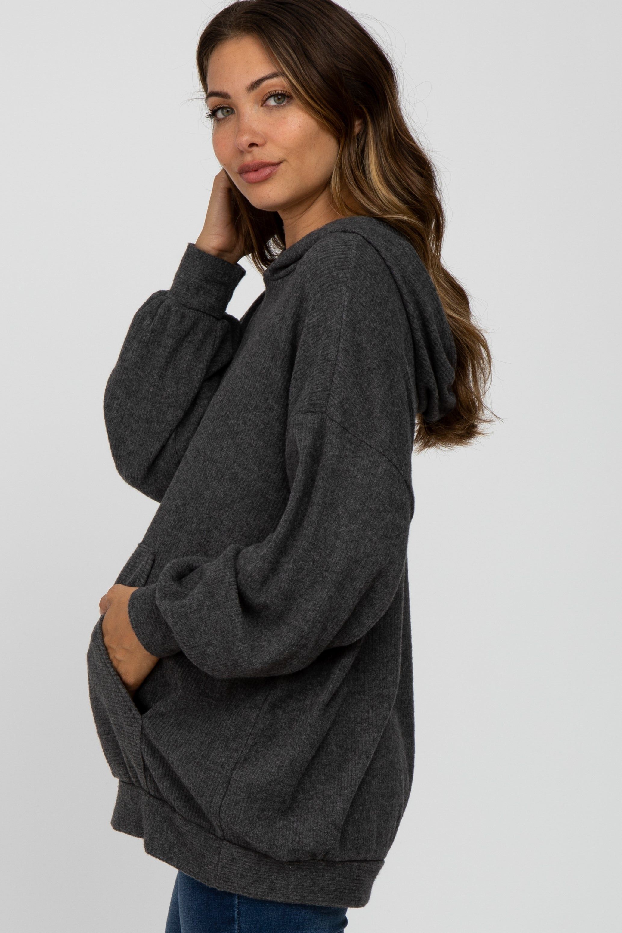 Charcoal Brushed Ribbed Maternity Hooded Top sold by Pinkblush product image thumbnail 3