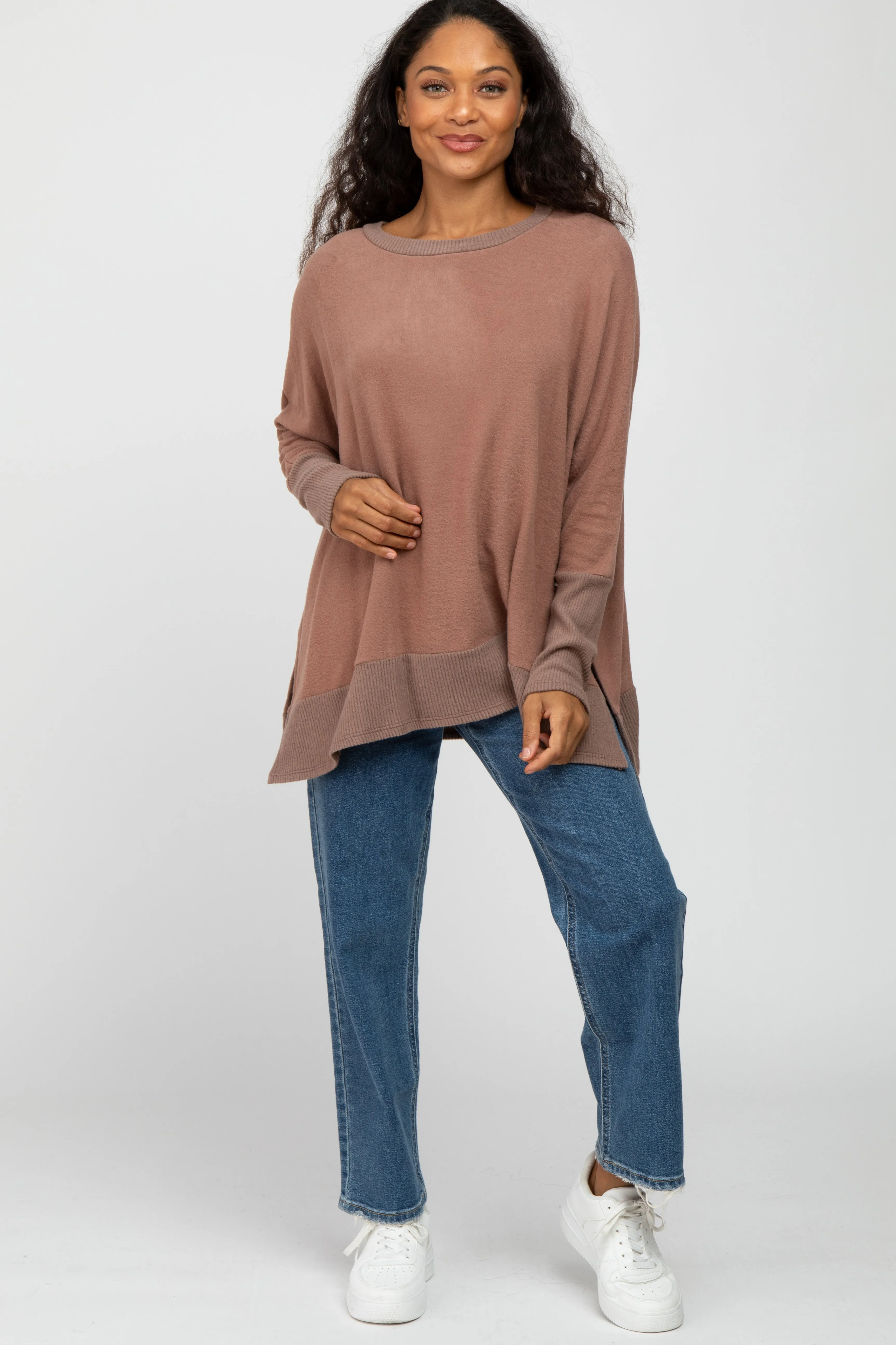 Mocha Soft Brushed Knit Dolman Sleeve Side Slit Top sold by Pinkblush product image thumbnail 2