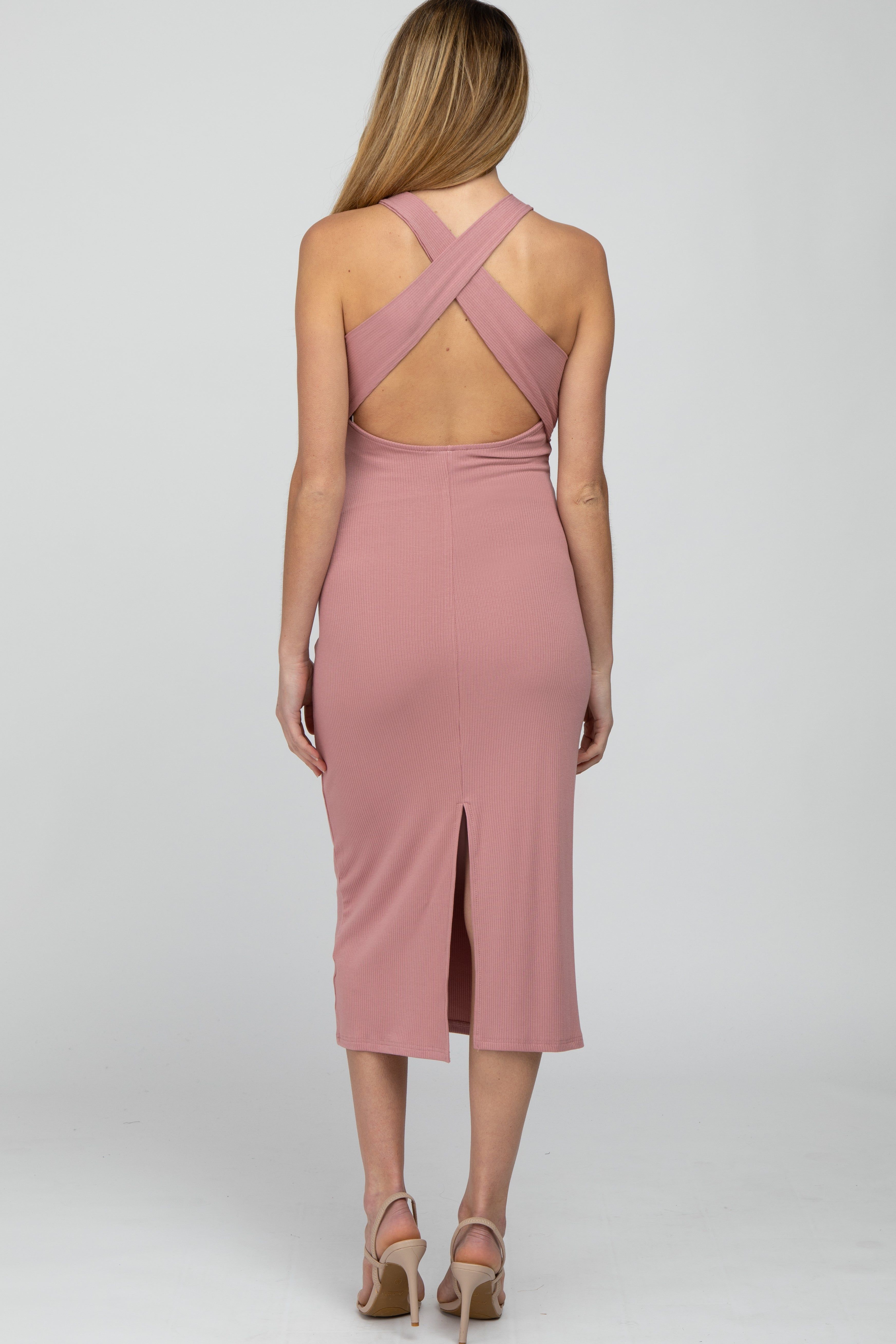 Pink Ribbed Cross Back Cutout Maternity Dress sold by Pinkblush product image thumbnail 4