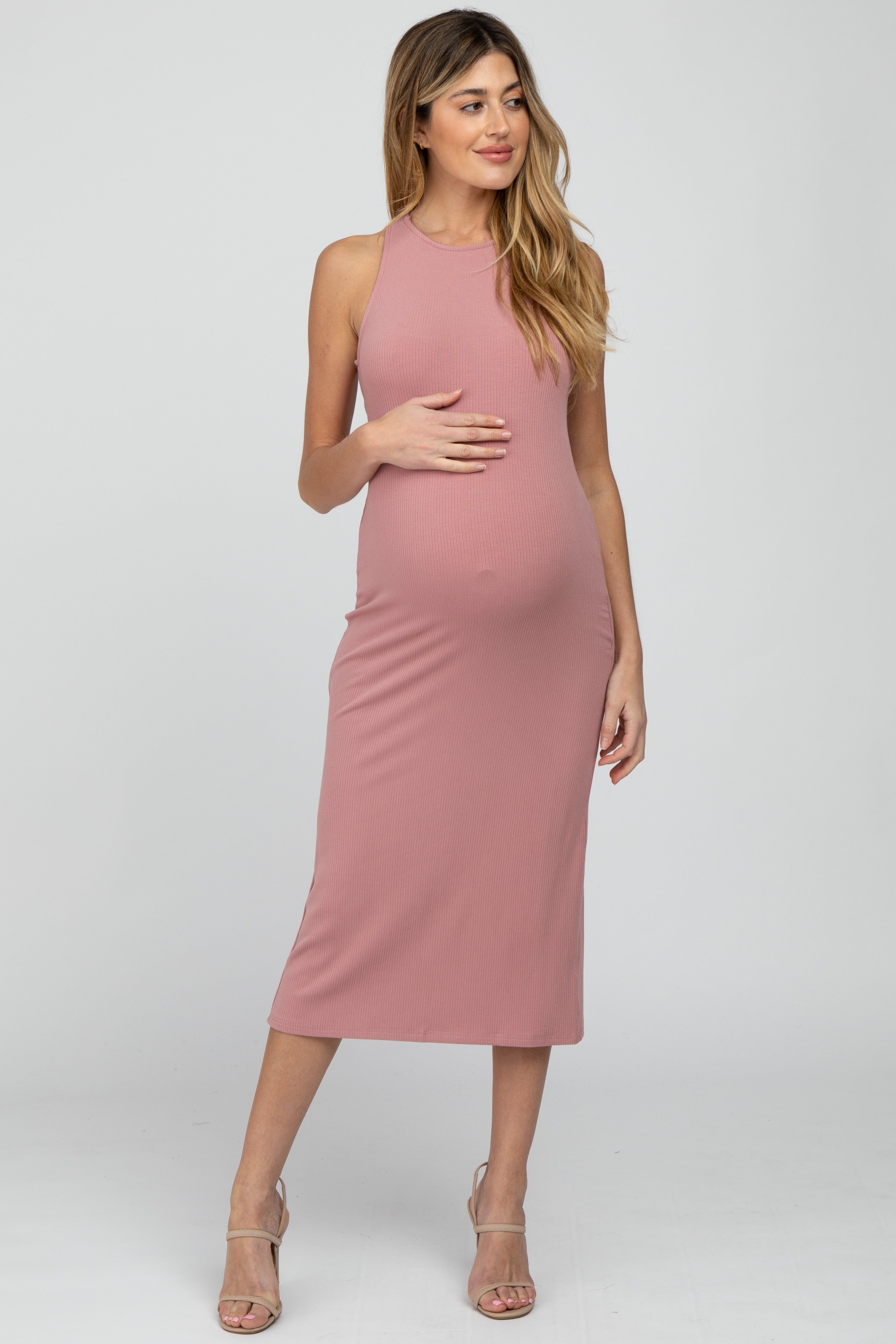 Pink Ribbed Cross Back Cutout Maternity Dress sold by Pinkblush