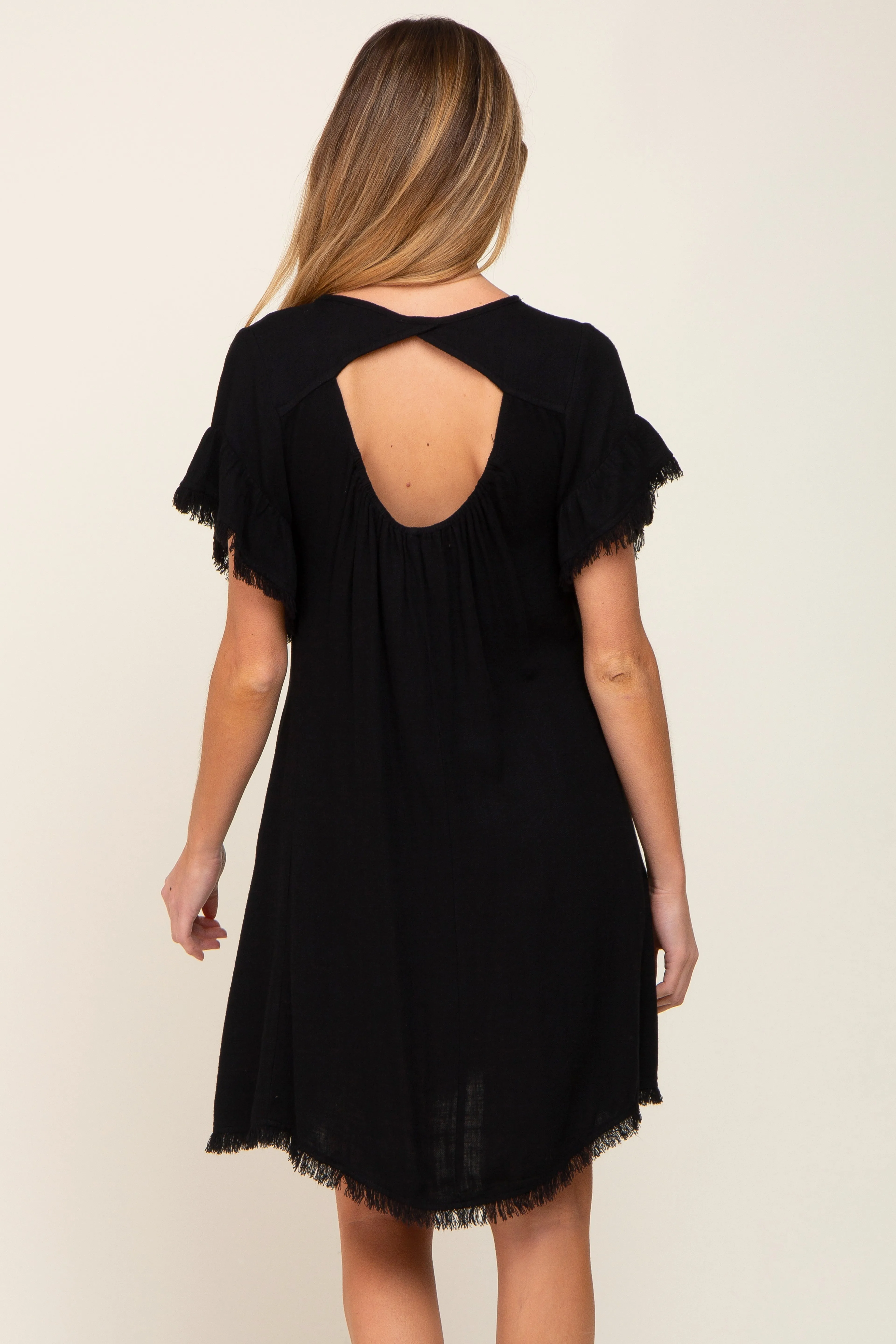 Black Frayed Trim Back Keyhole Linen Maternity Dress sold by Pinkblush product image thumbnail 4