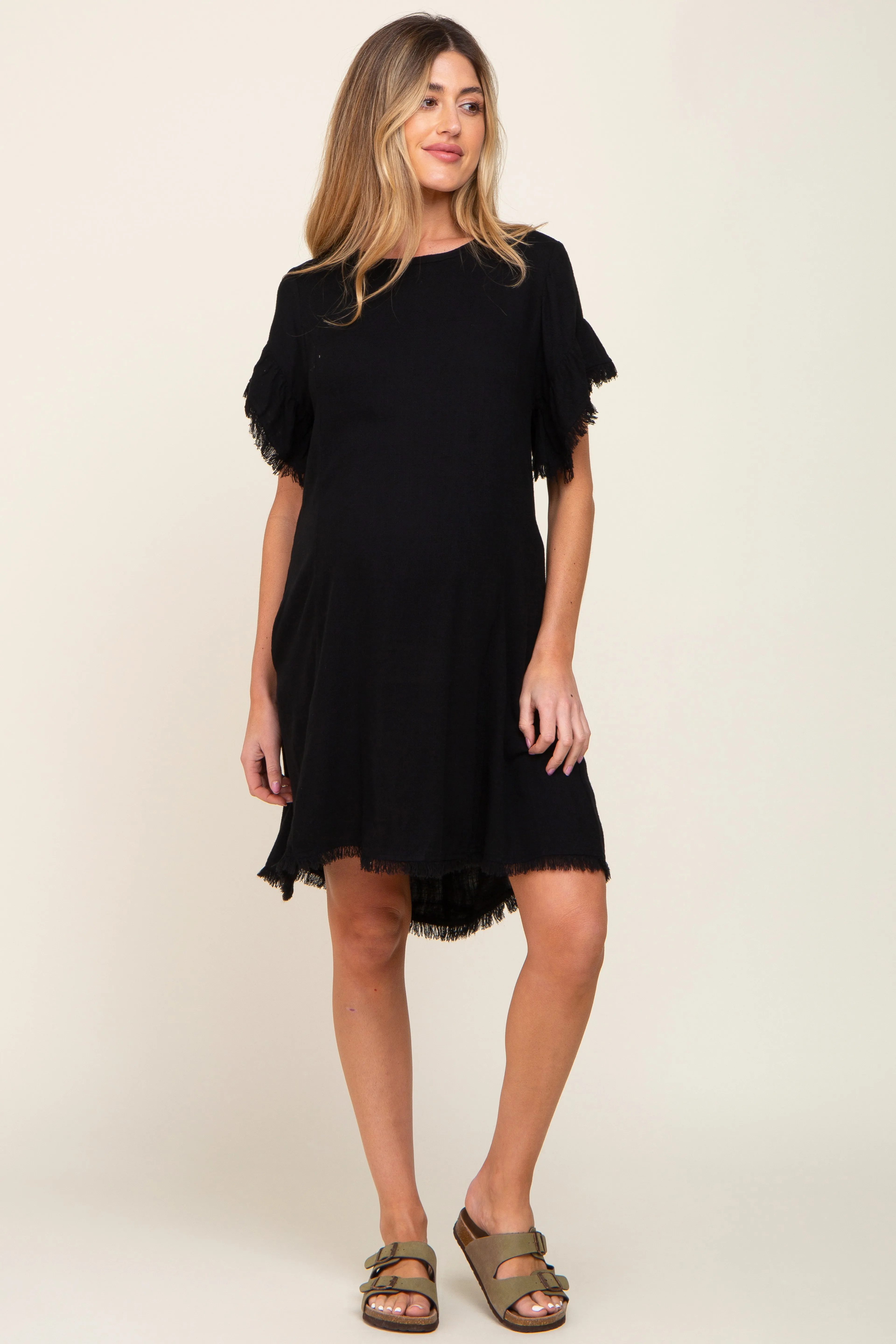 Black Frayed Trim Back Keyhole Linen Maternity Dress sold by Pinkblush