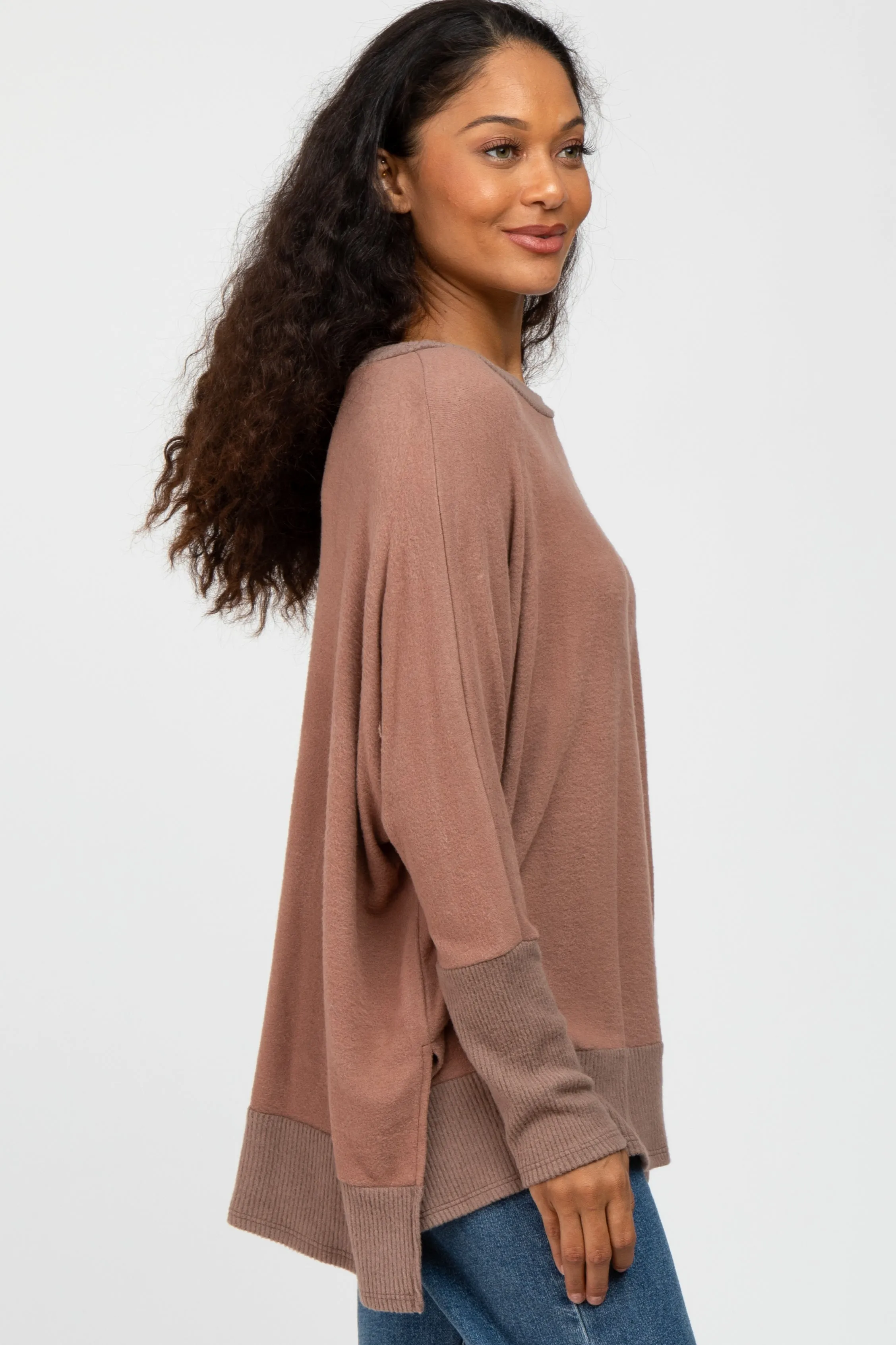 Mocha Soft Brushed Knit Dolman Sleeve Side Slit Top sold by Pinkblush product image thumbnail 3