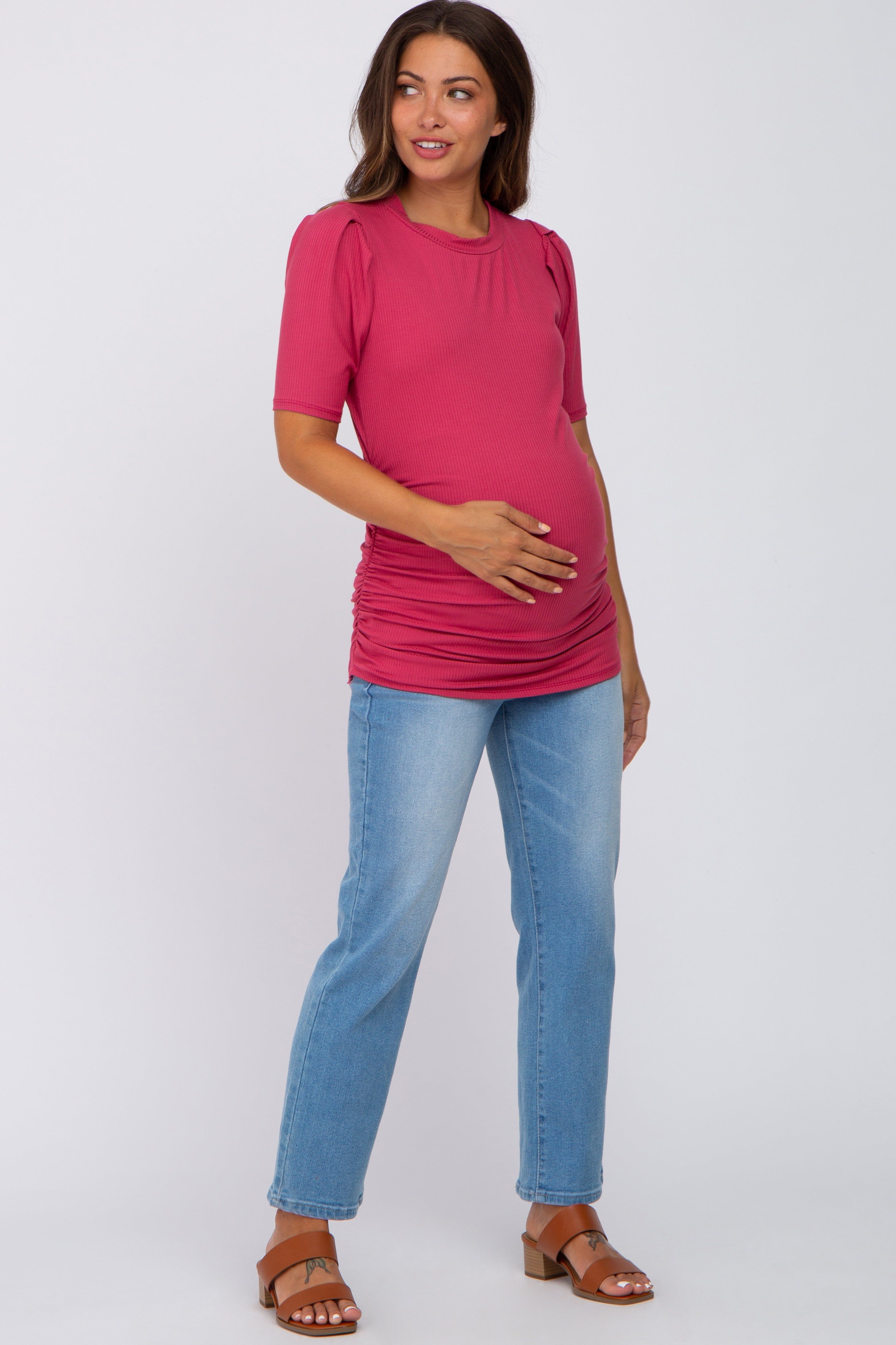 Magenta Ribbed Ruched Fitted Maternity Top sold by Pinkblush product image thumbnail 4