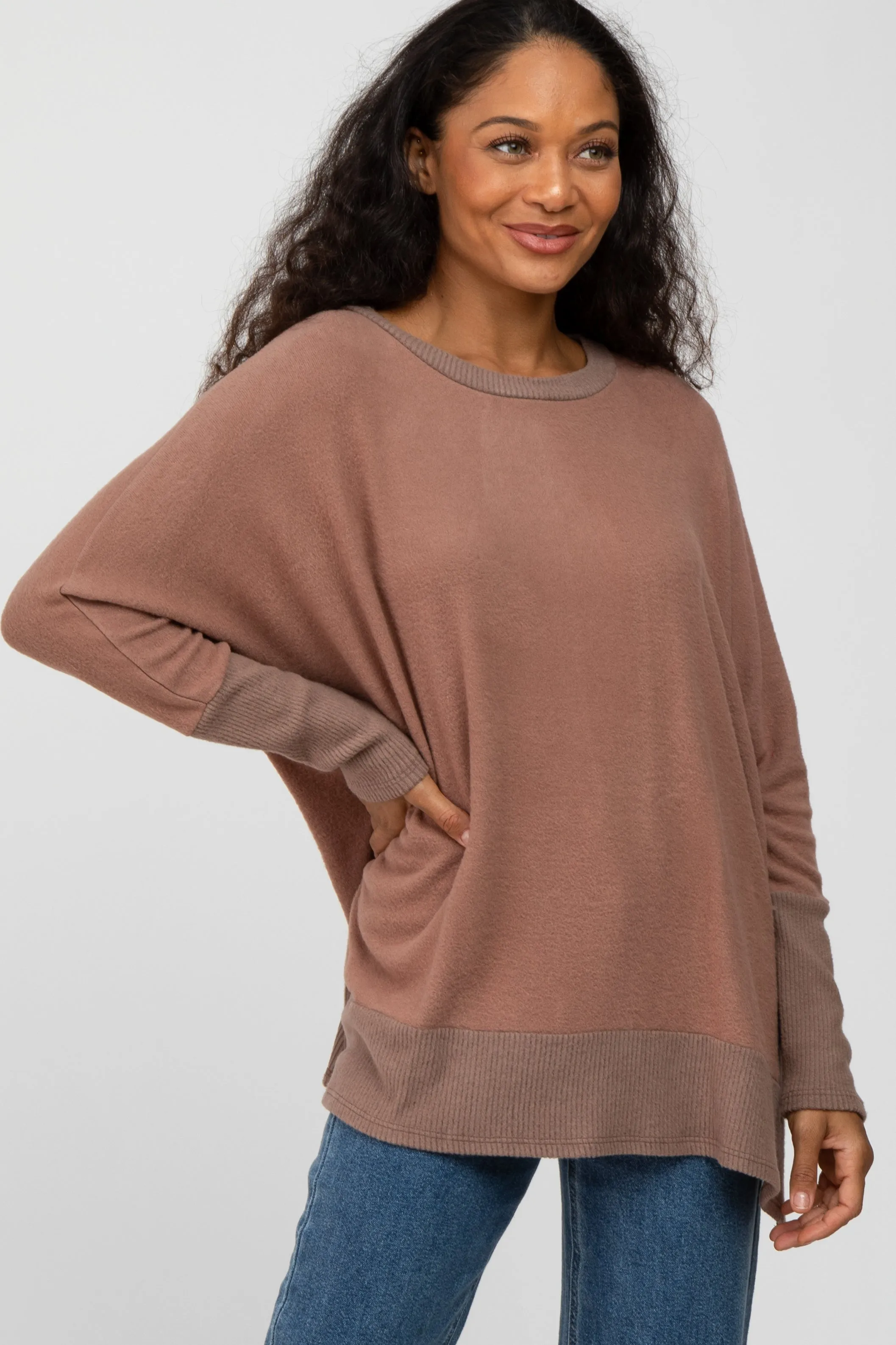 Mocha Soft Brushed Knit Dolman Sleeve Side Slit Top sold by Pinkblush