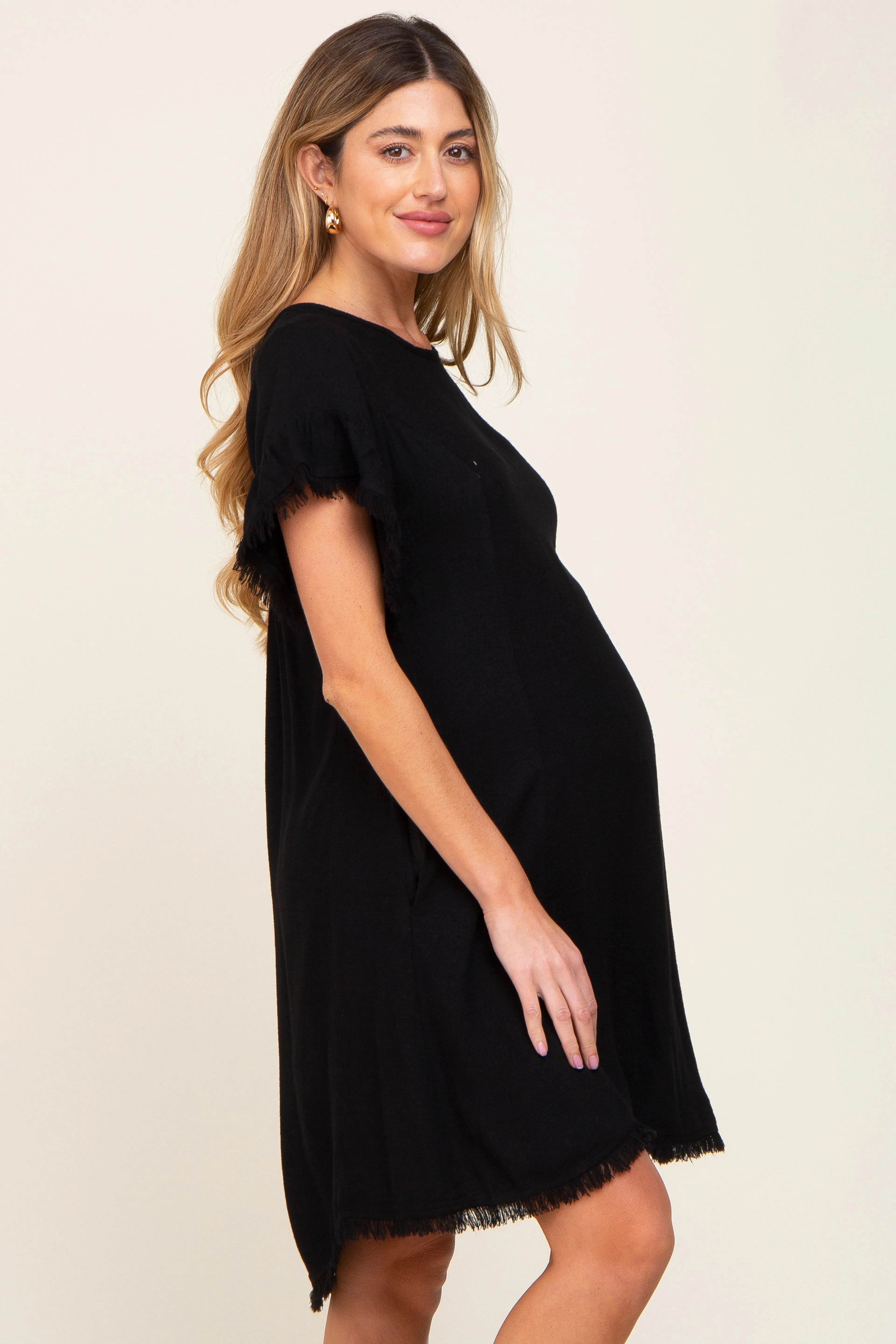 Black Frayed Trim Back Keyhole Linen Maternity Dress sold by Pinkblush product image thumbnail 3