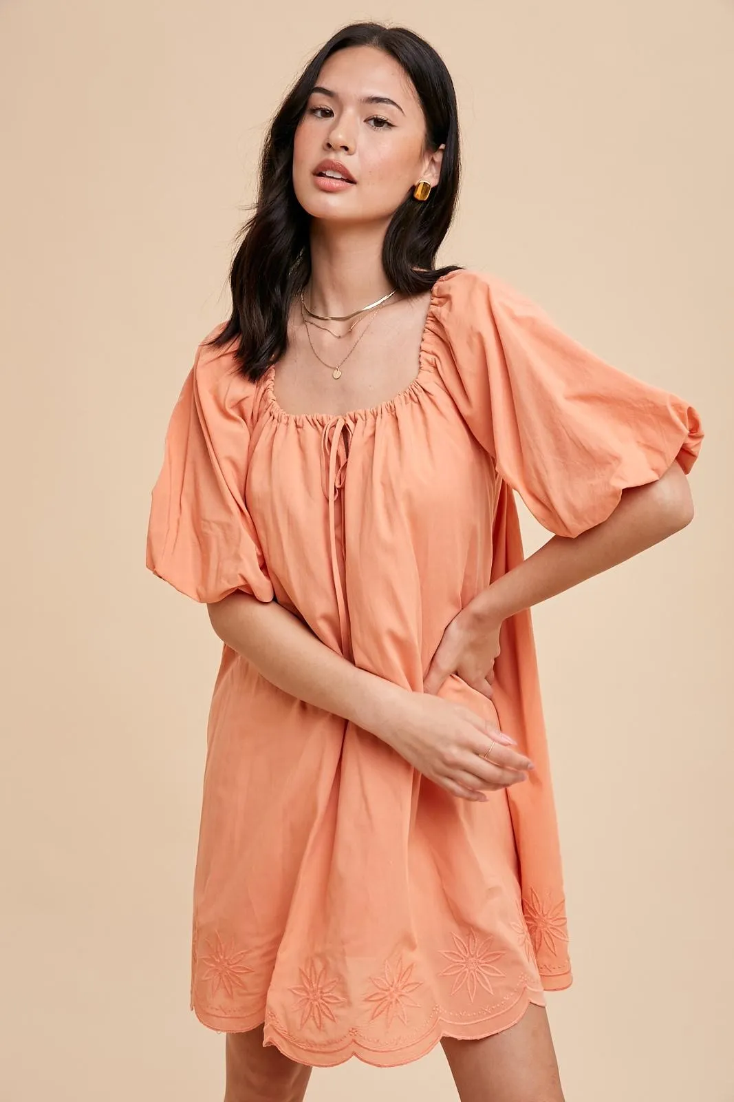 Peach Embroidered Puff Sleeve Dress sold by Pinkblush