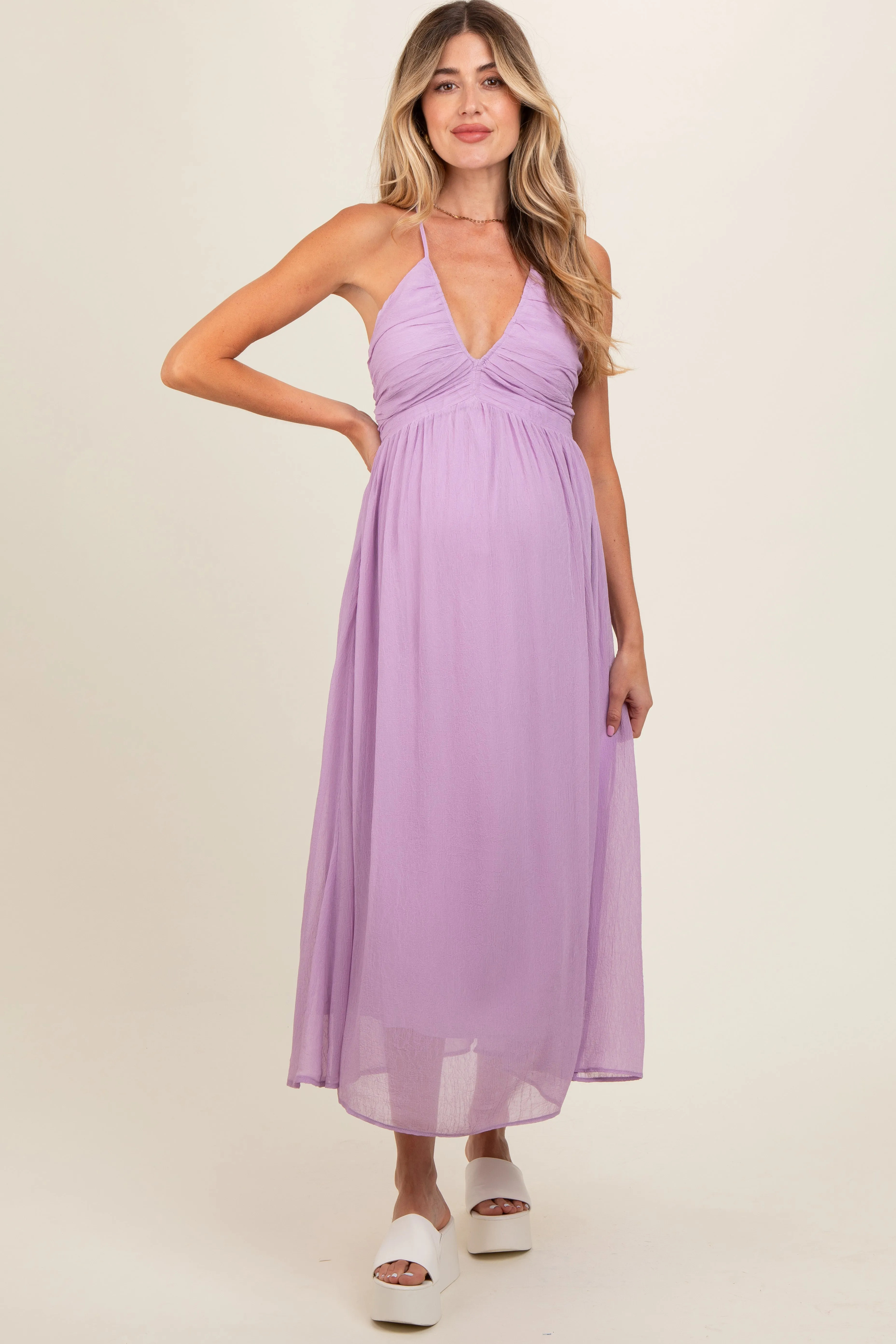 Lavender Ruched V-Neck Maternity Midi Dress sold by Pinkblush product image thumbnail 2