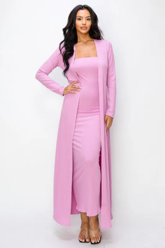 Pink Ribbed Sleeveless Dress Cardigan Set sold by Pinkblush