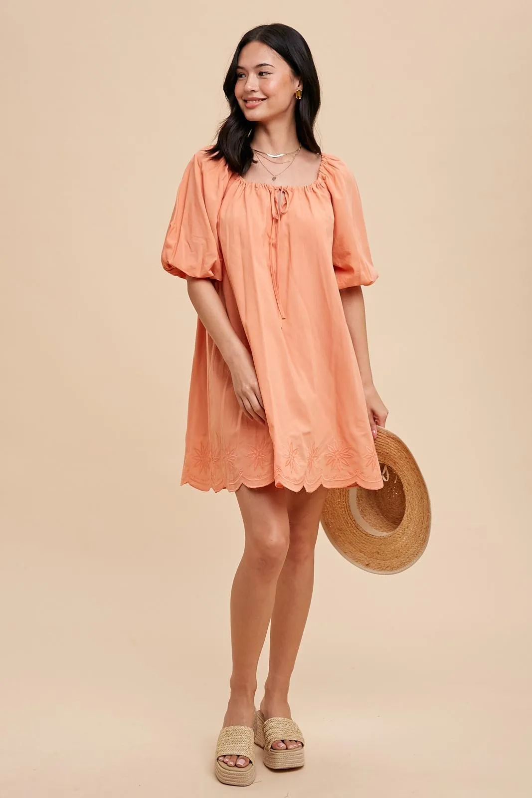 Peach Embroidered Puff Sleeve Dress sold by Pinkblush product image thumbnail 5