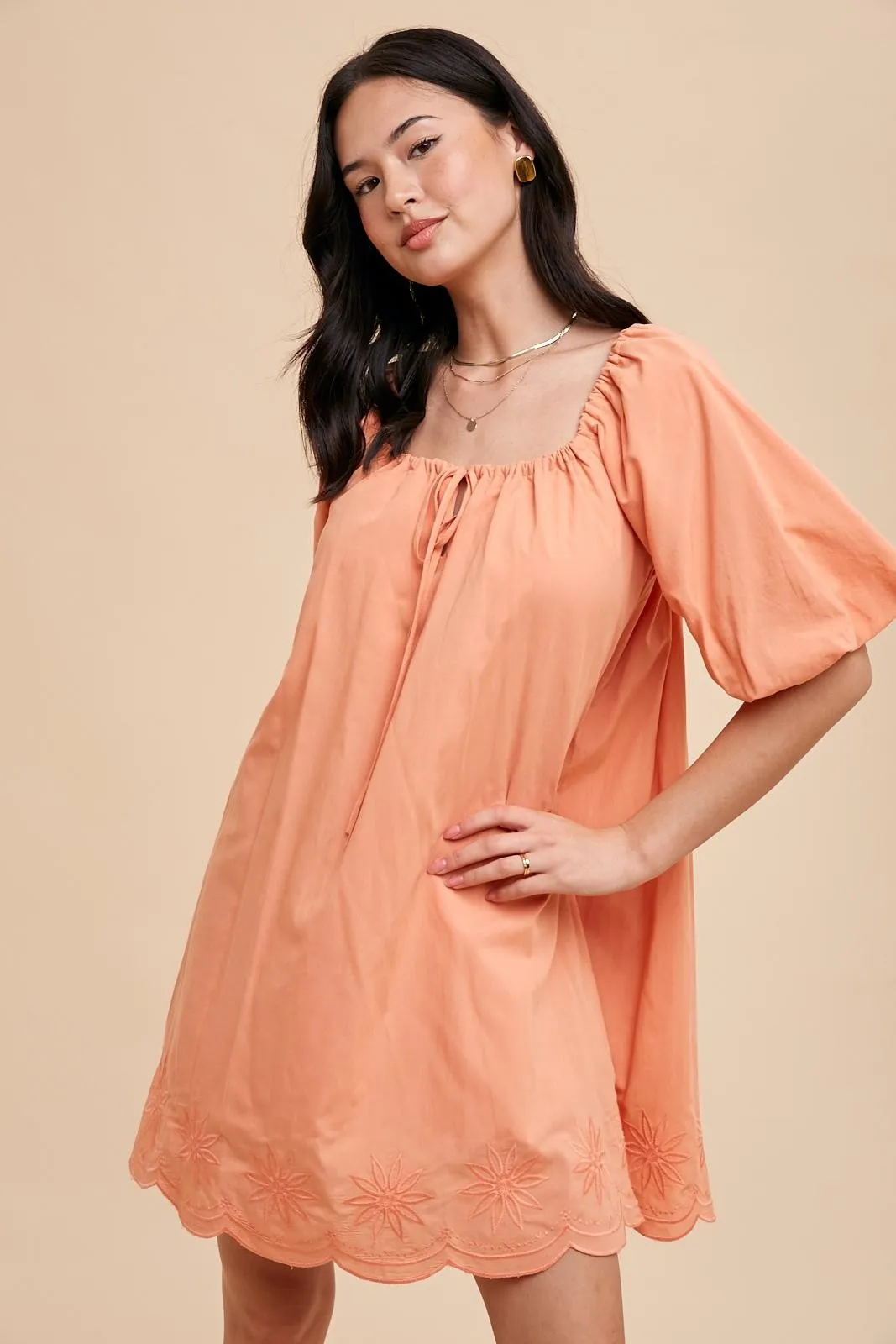 Peach Embroidered Puff Sleeve Dress sold by Pinkblush product image thumbnail 2