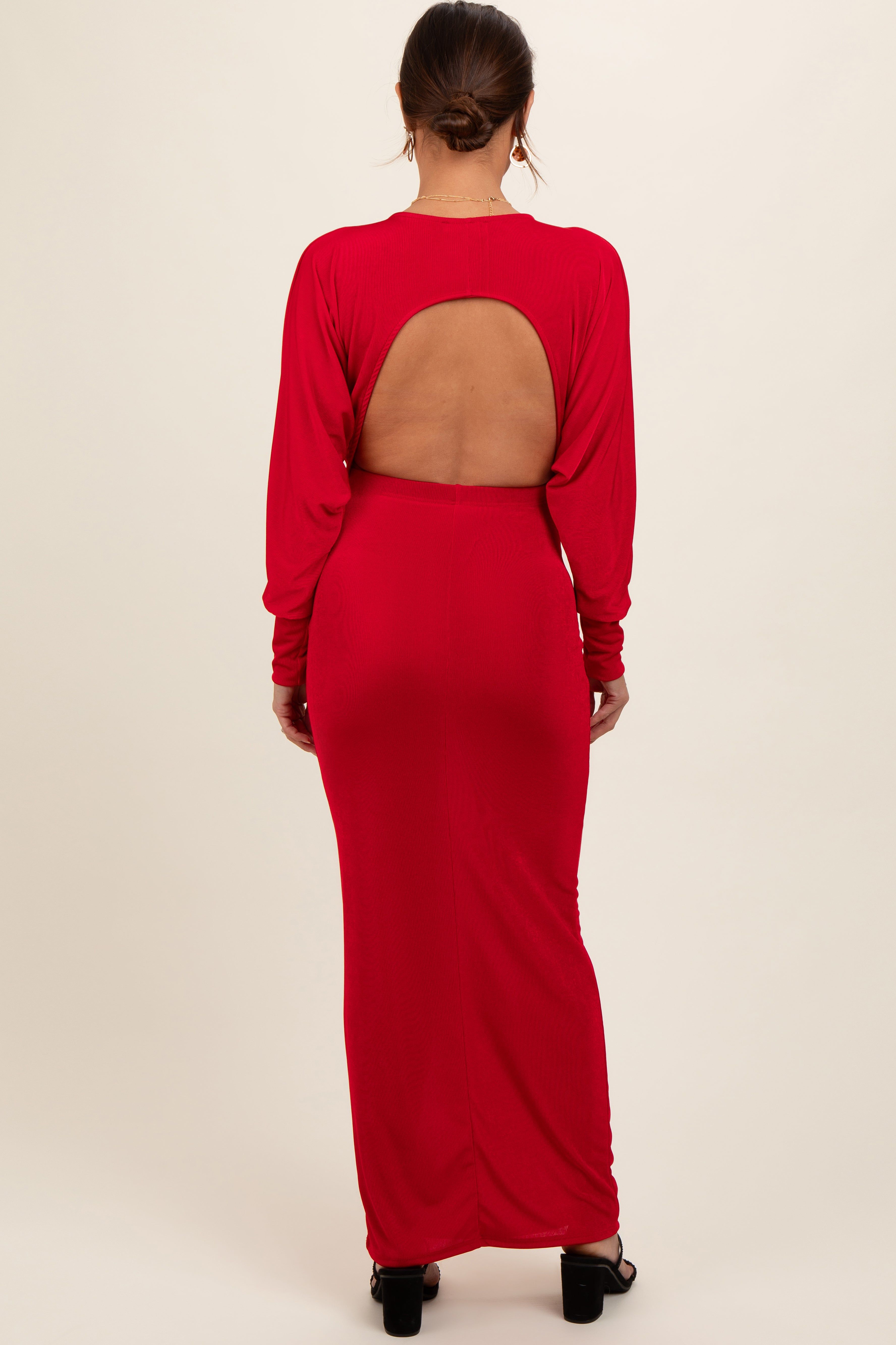 Red Long Sleeve Open Back Maternity Maxi Dress sold by Pinkblush product image thumbnail 3
