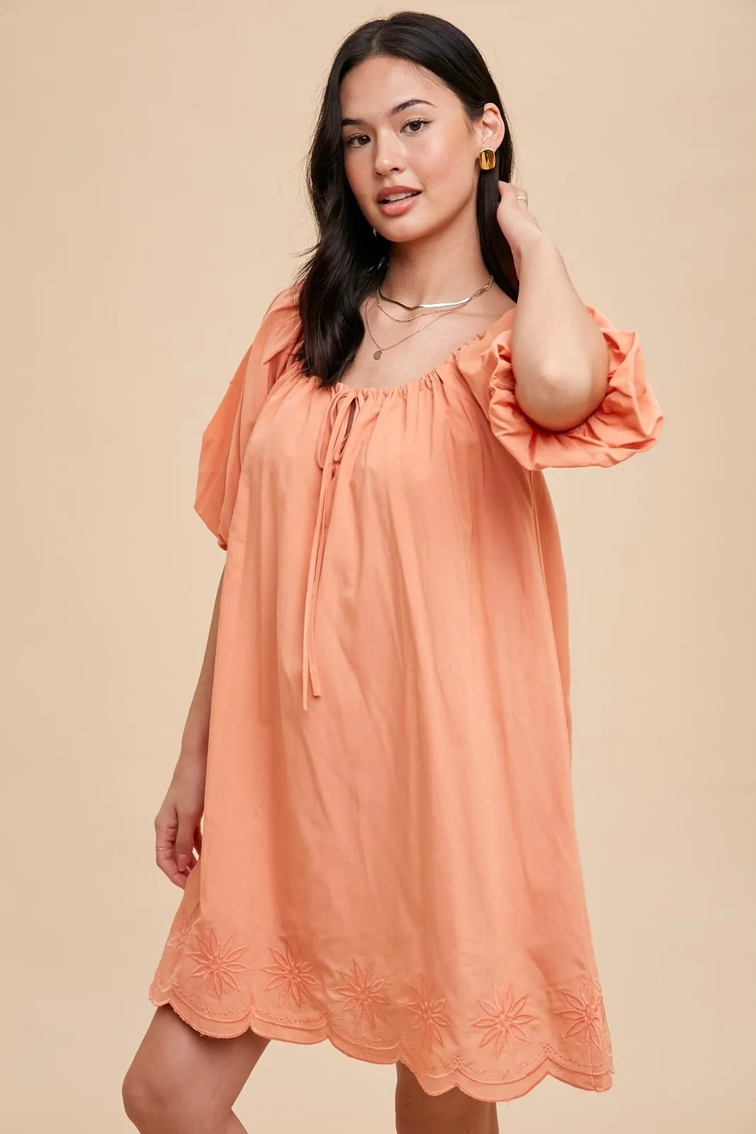 Peach Embroidered Puff Sleeve Dress sold by Pinkblush product image thumbnail 3