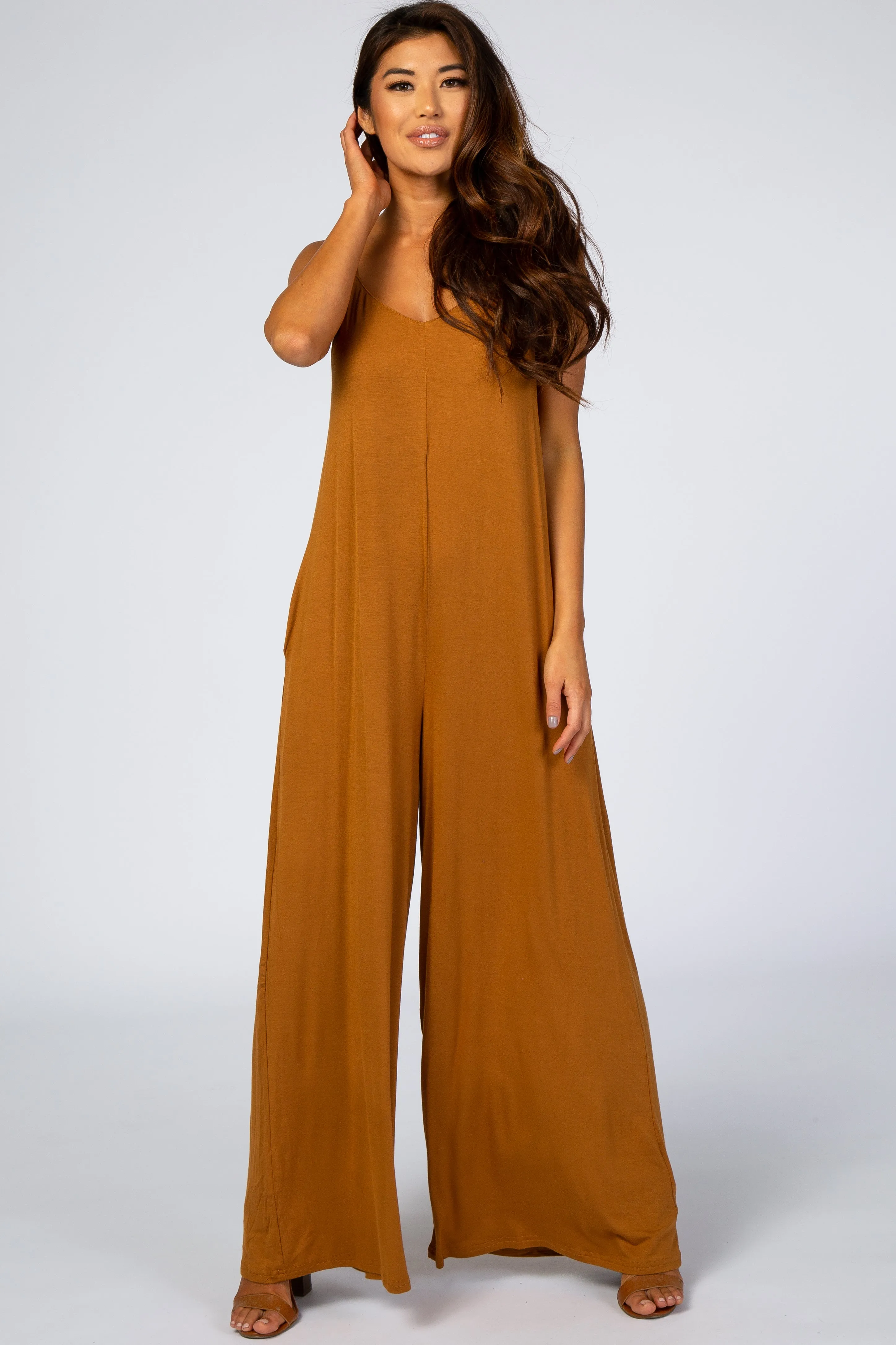 Camel Cross Back Wide Leg Jumpsuit sold by Pinkblush