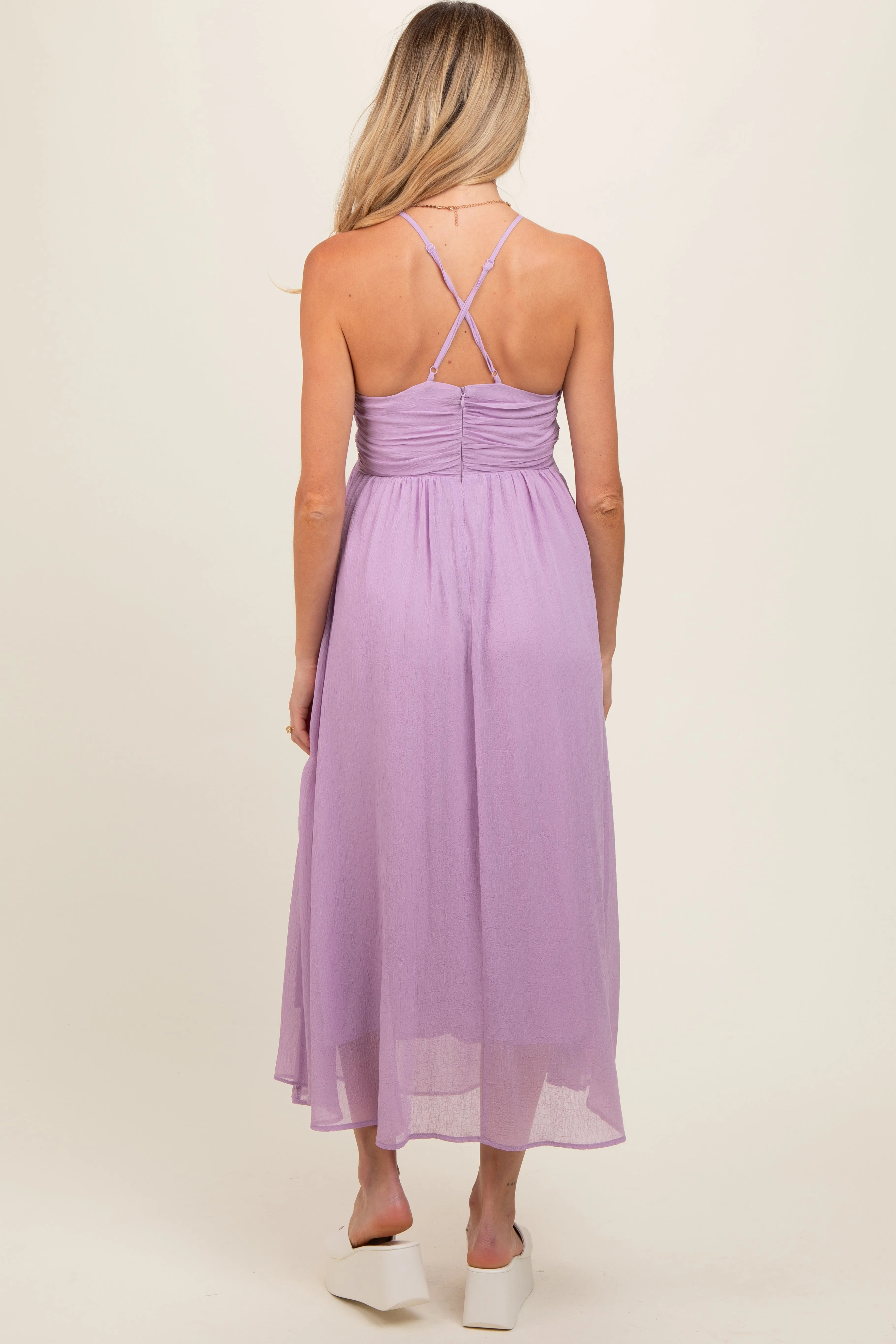 Lavender Ruched V-Neck Maternity Midi Dress sold by Pinkblush product image thumbnail 4