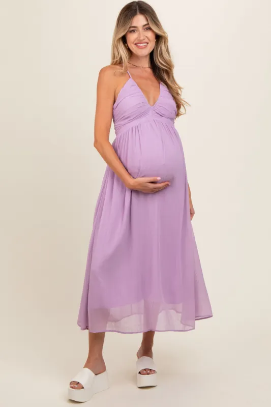 Lavender Ruched V-Neck Maternity Midi Dress sold by Pinkblush