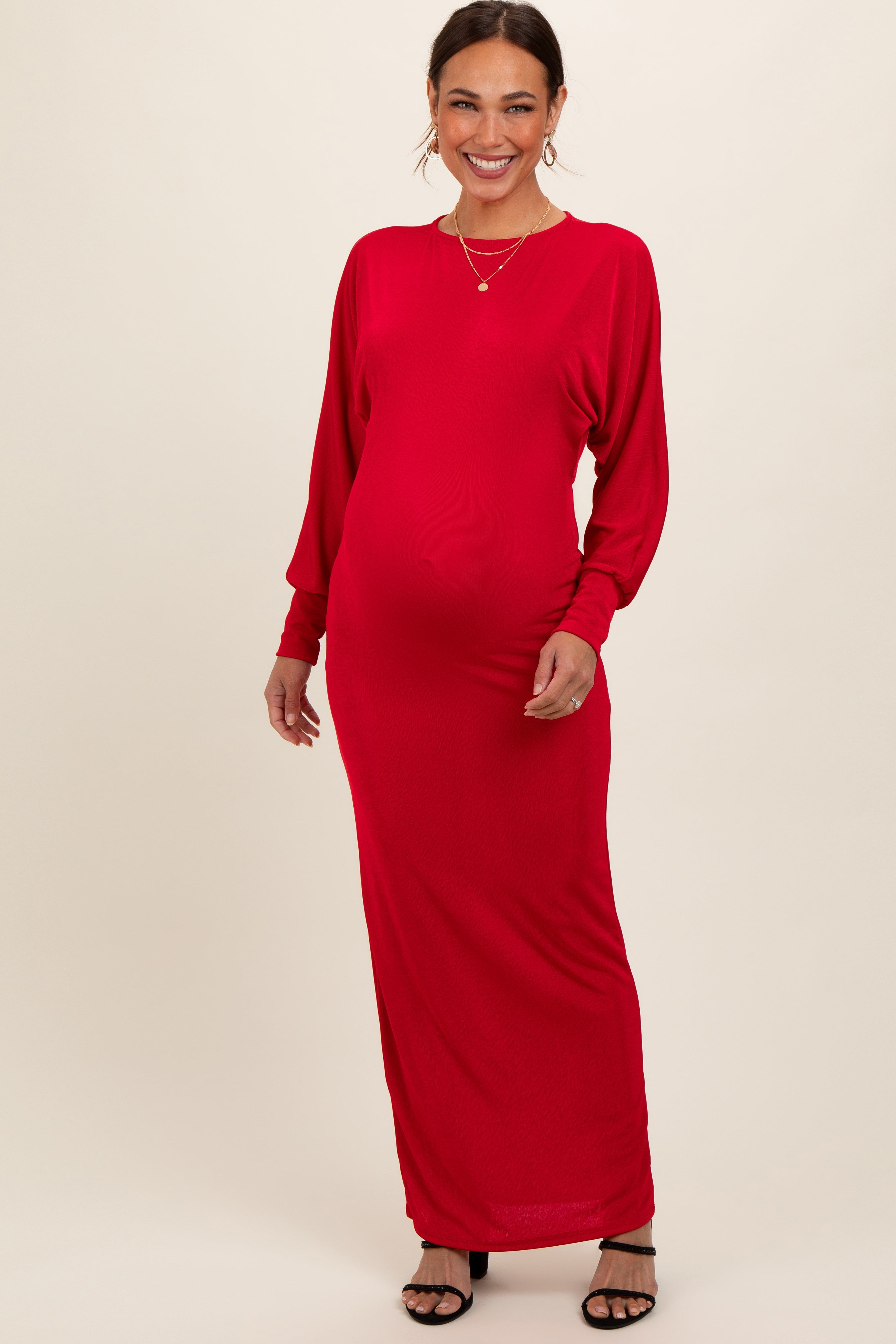 Red Long Sleeve Open Back Maternity Maxi Dress sold by Pinkblush