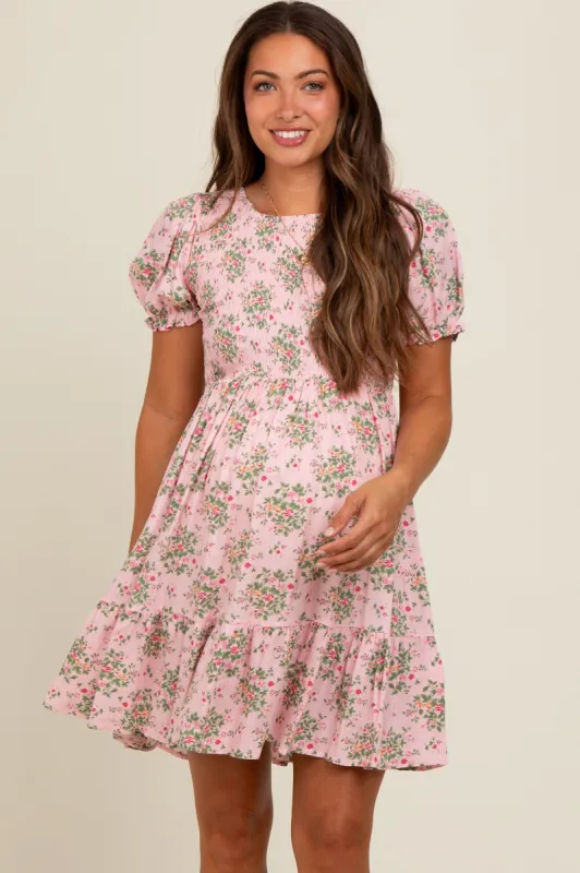 Light Pink Floral Smocked Puff Sleeve Maternity Dress sold by Pinkblush