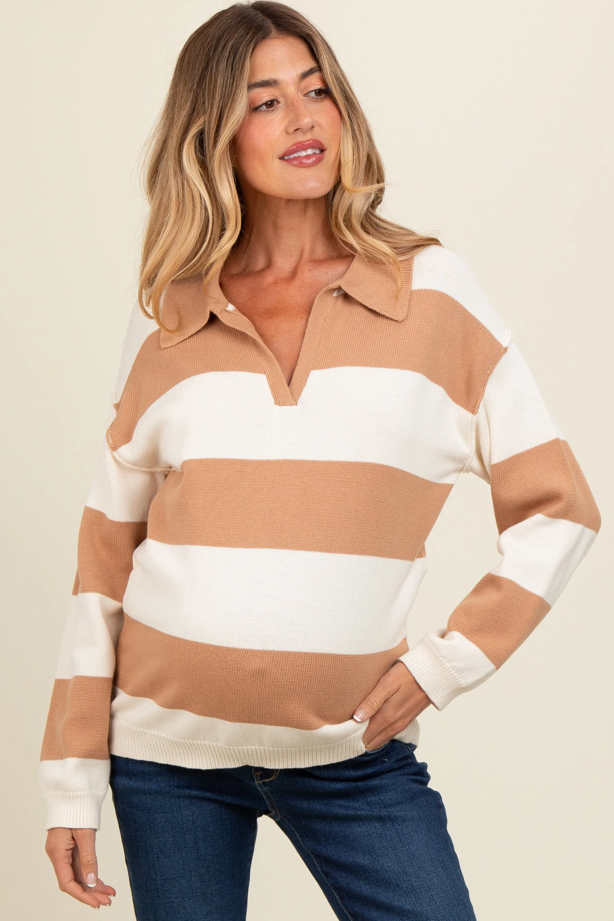 Camel Wide Stripe Polo Maternity Sweater sold by Pinkblush