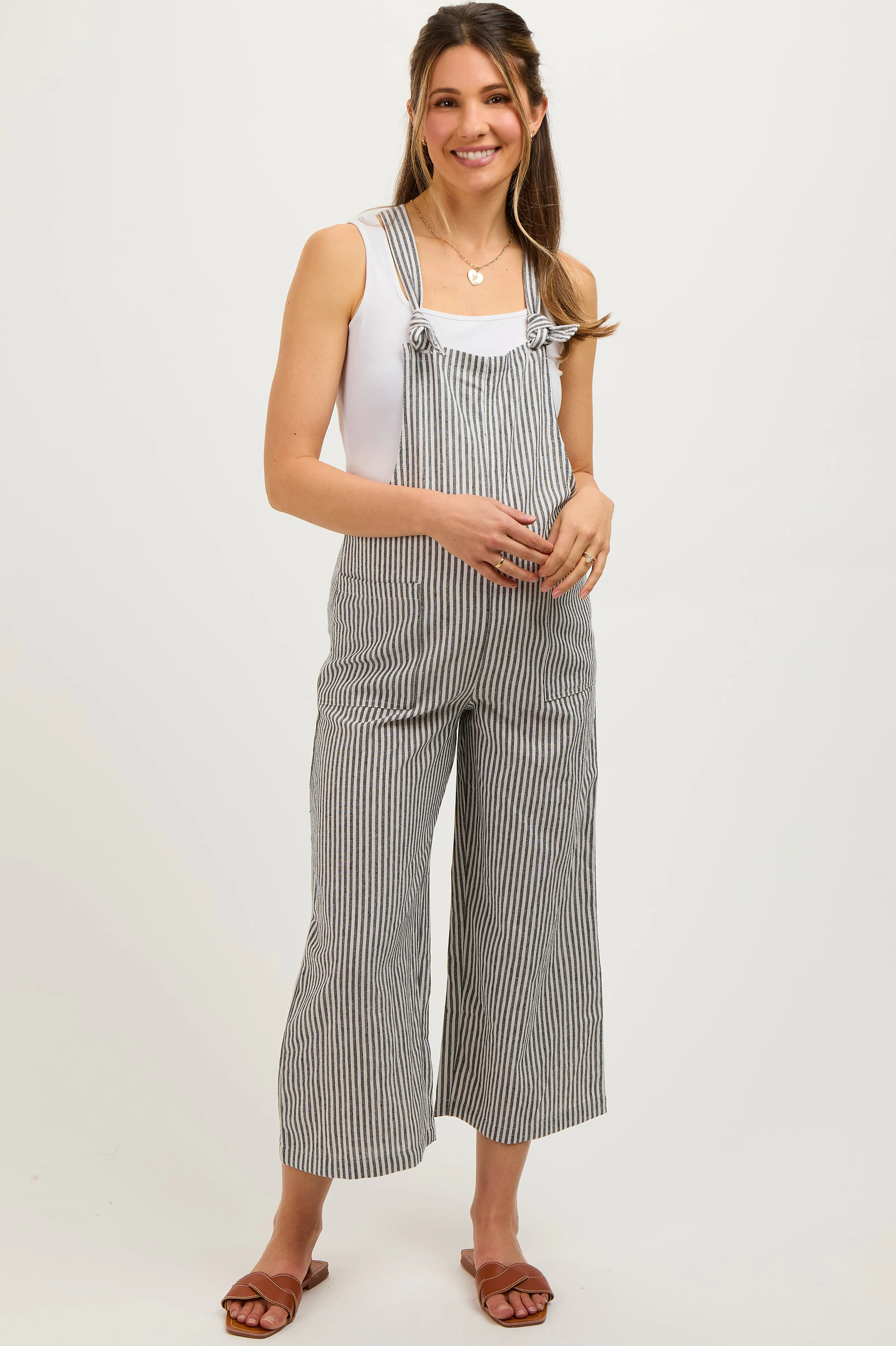 Black Striped Linen Maternity Overalls sold by Pinkblush product image thumbnail 2