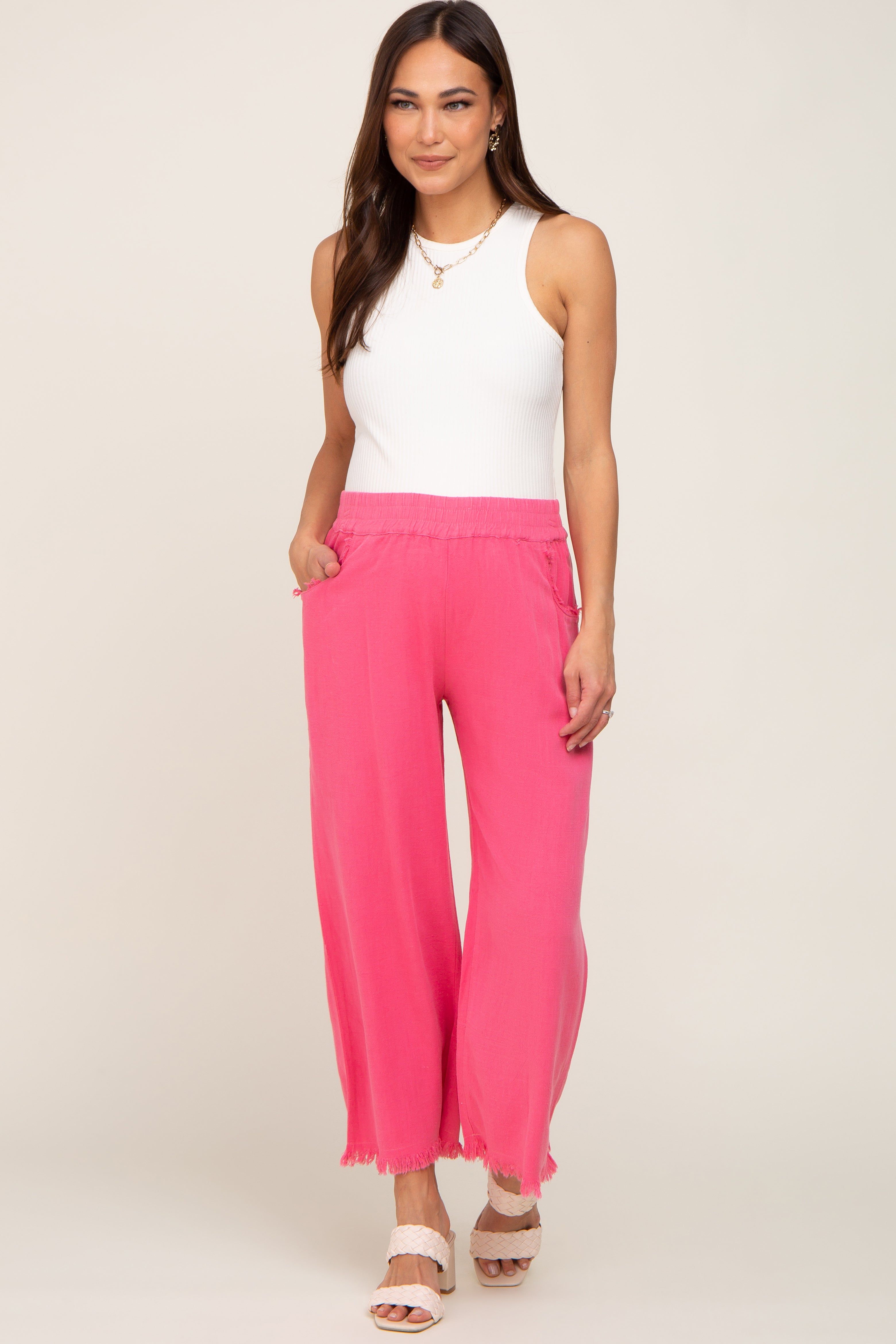 Fuchsia Linen Frayed Hem Crop Maternity Pants sold by Pinkblush product image thumbnail 5
