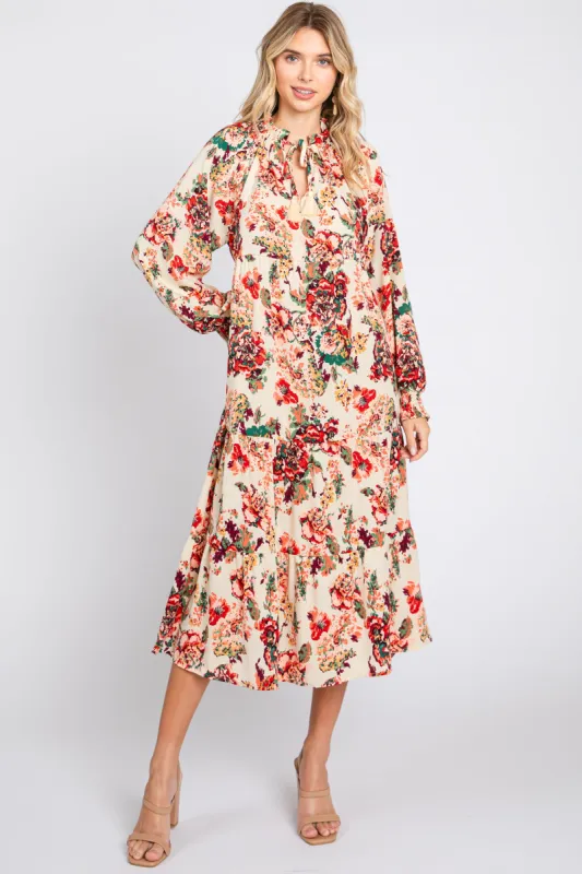 Cream Floral Ruffle Neck Tiered Midi Dress sold by Pinkblush