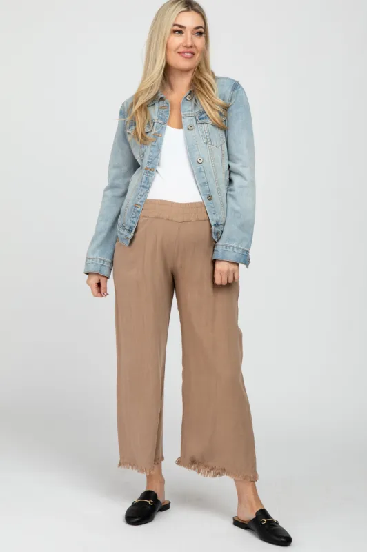Taupe Linen Frayed Hem Crop Maternity Pants sold by Pinkblush