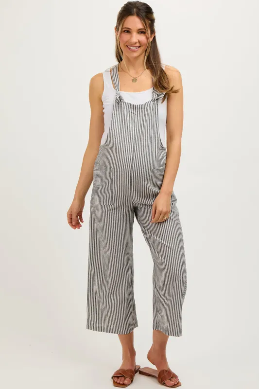 Black Striped Linen Maternity Overalls sold by Pinkblush
