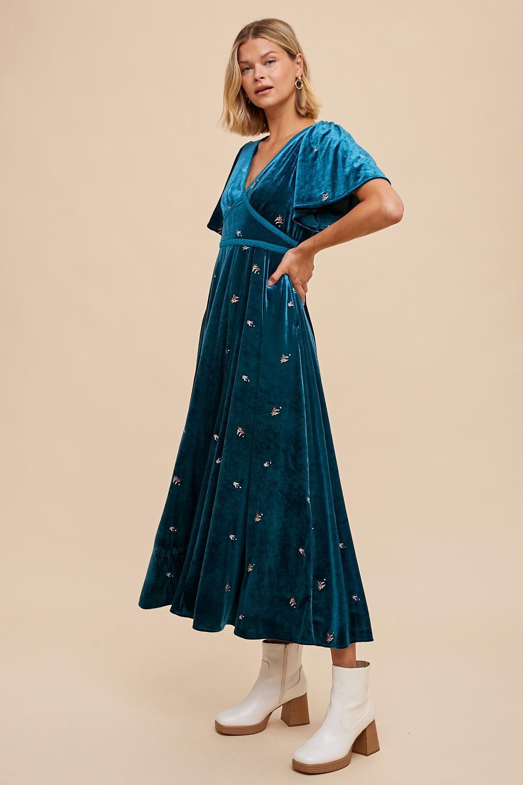 Emerald All Over Floral Embroidered Velvet Maxi Dress sold by Pinkblush product image thumbnail 3