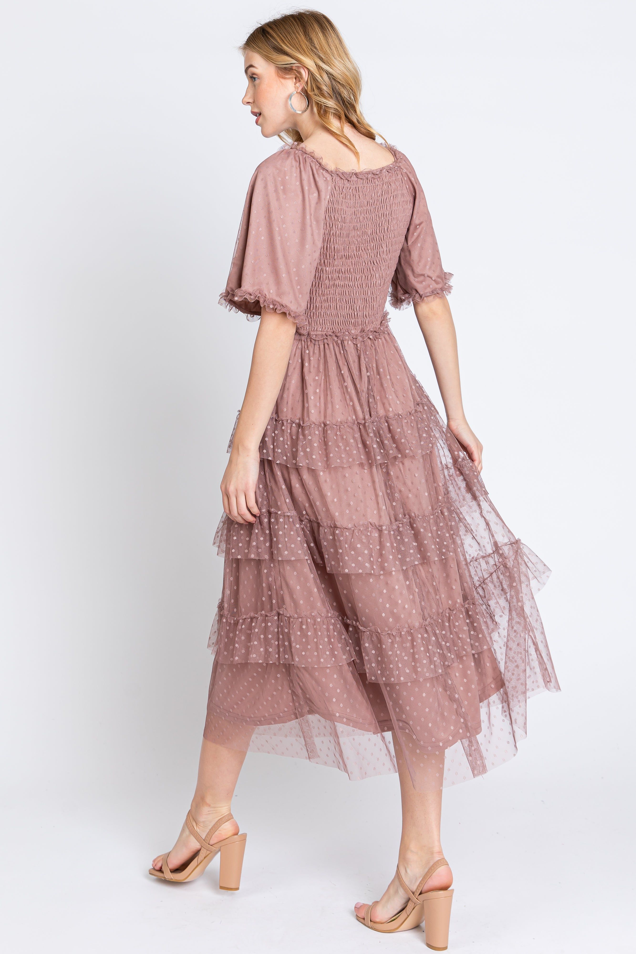 Pink Dot Smocked Ruffle Tiered Midi Dress sold by Pinkblush product image thumbnail 3