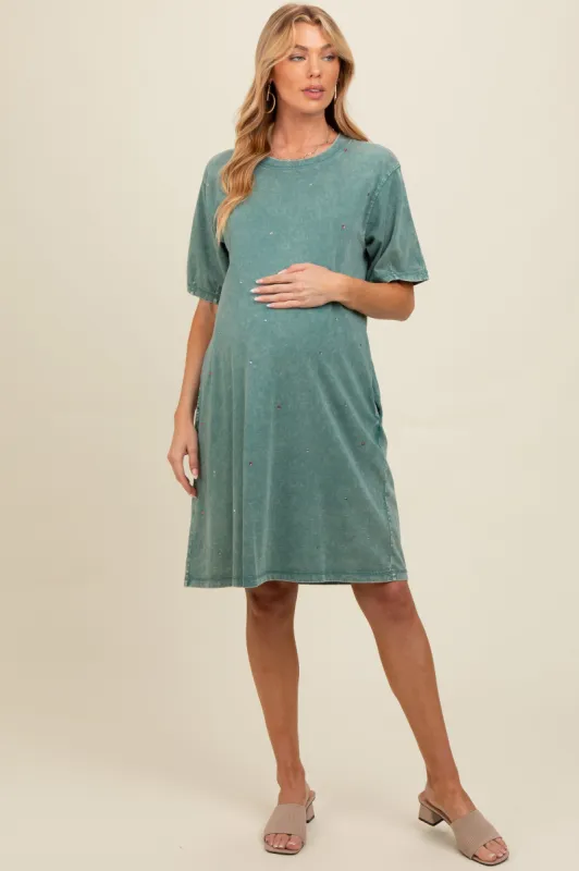 Teal Rhinestone Mineral Washed Maternity T-Shirt Dress sold by Pinkblush