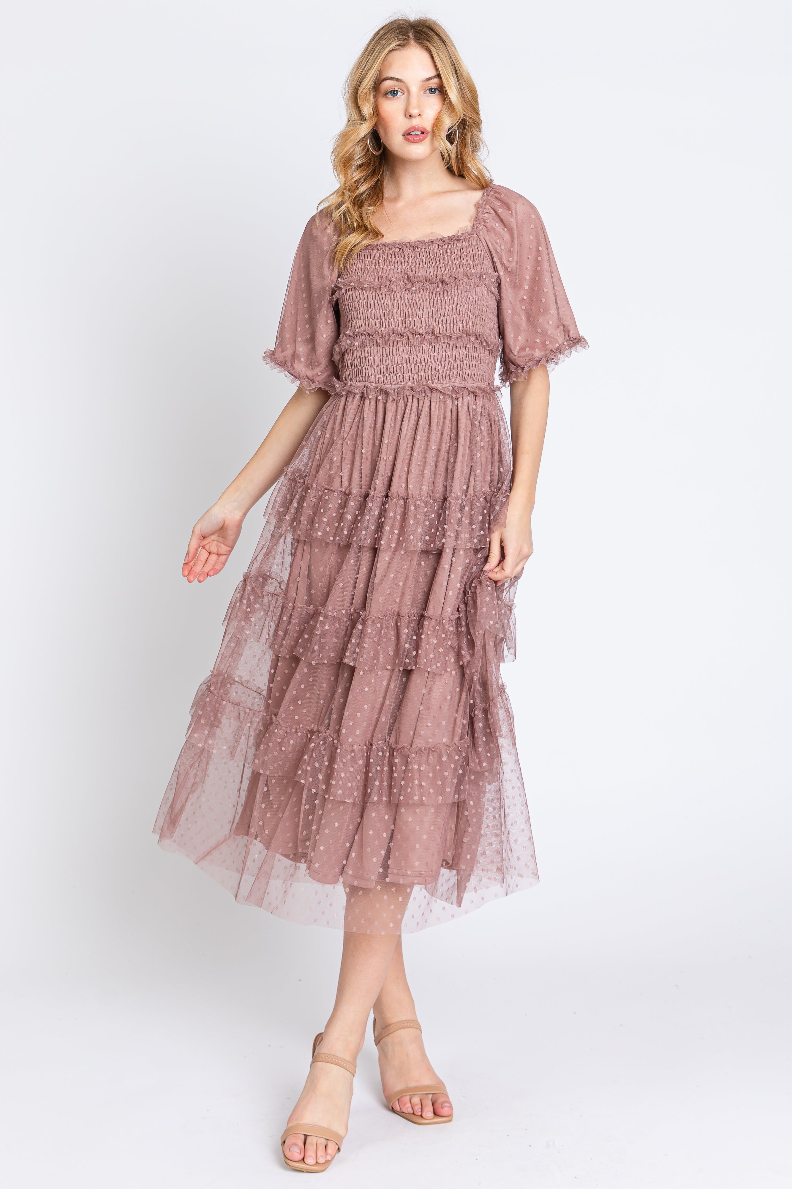 Pink Dot Smocked Ruffle Tiered Midi Dress sold by Pinkblush