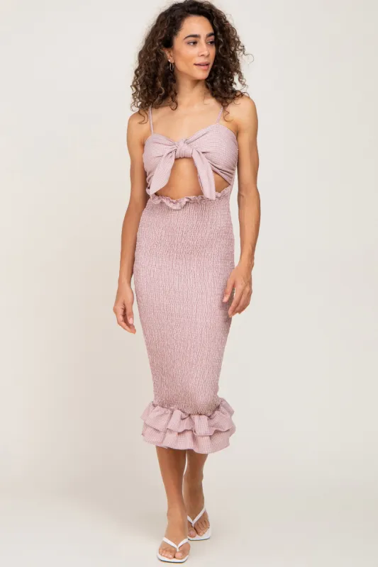 Mauve Gingham Print Smocked Fitted Self-Tie Midi Dress sold by Pinkblush