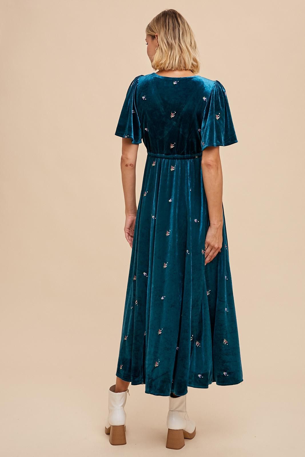 Emerald All Over Floral Embroidered Velvet Maxi Dress sold by Pinkblush product image thumbnail 4