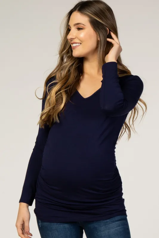 Navy Long Sleeve Ruched Fitted Maternity Top sold by Pinkblush