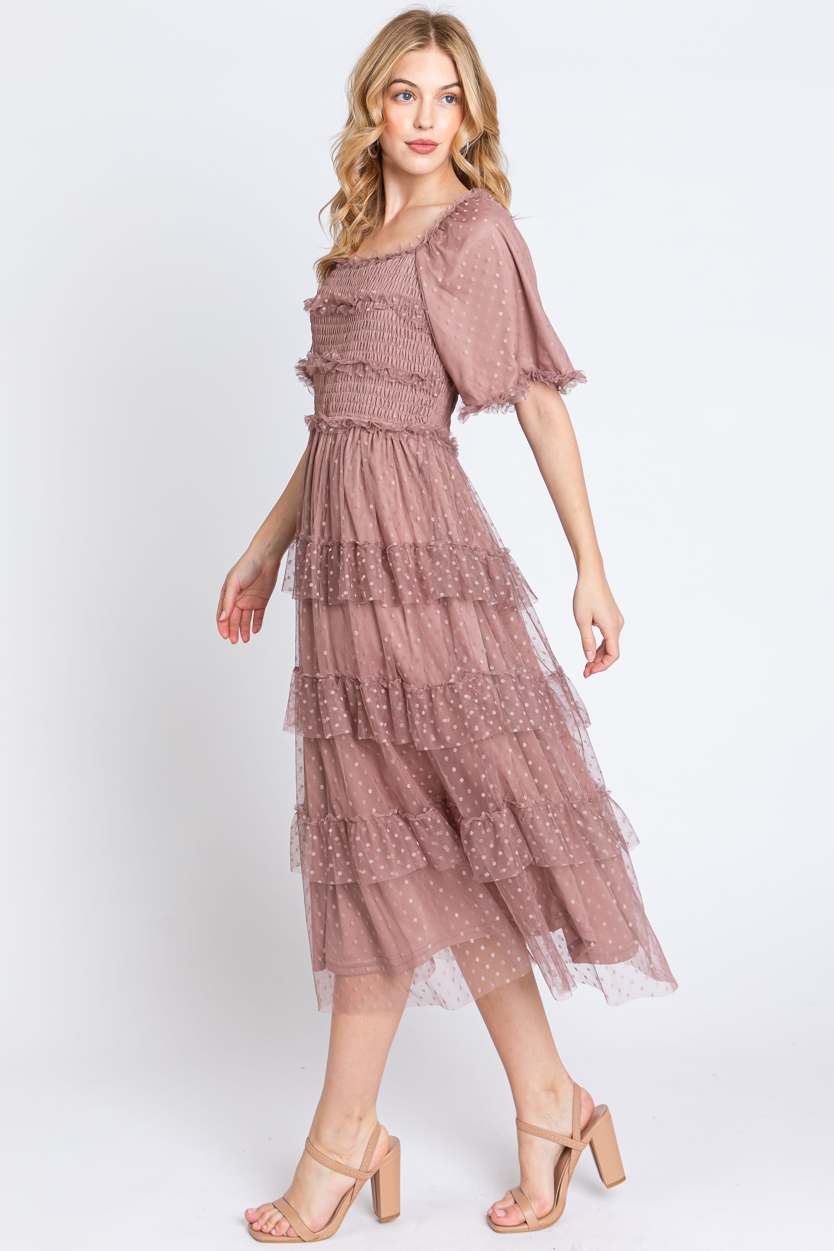 Pink Dot Smocked Ruffle Tiered Midi Dress sold by Pinkblush product image thumbnail 2