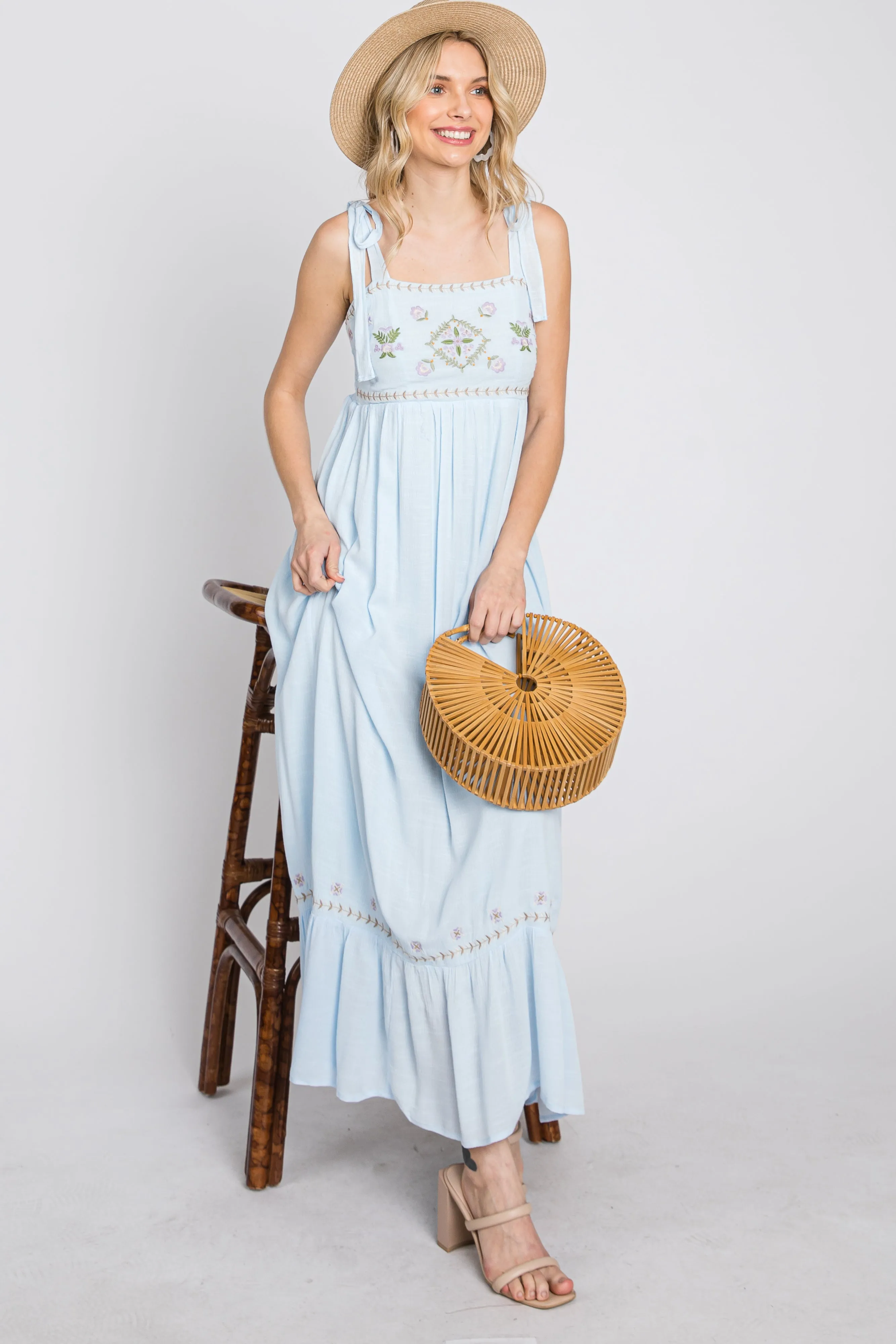 Light Blue Floral Embroidered Sleeveless Maxi Dress sold by Pinkblush