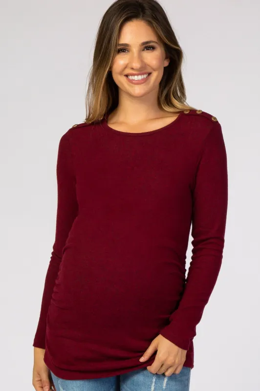 Burgundy Soft Knit Button Shoulder Ruched Side Maternity Top sold by Pinkblush